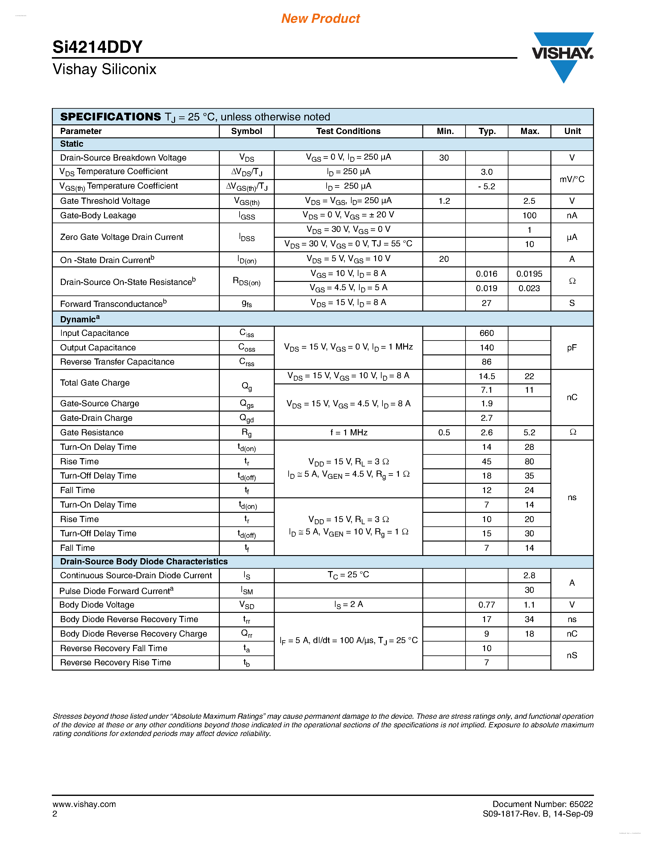 Даташит SI4214DDY - Dual N-Channel 30-V (D-S) MOSFET страница 2