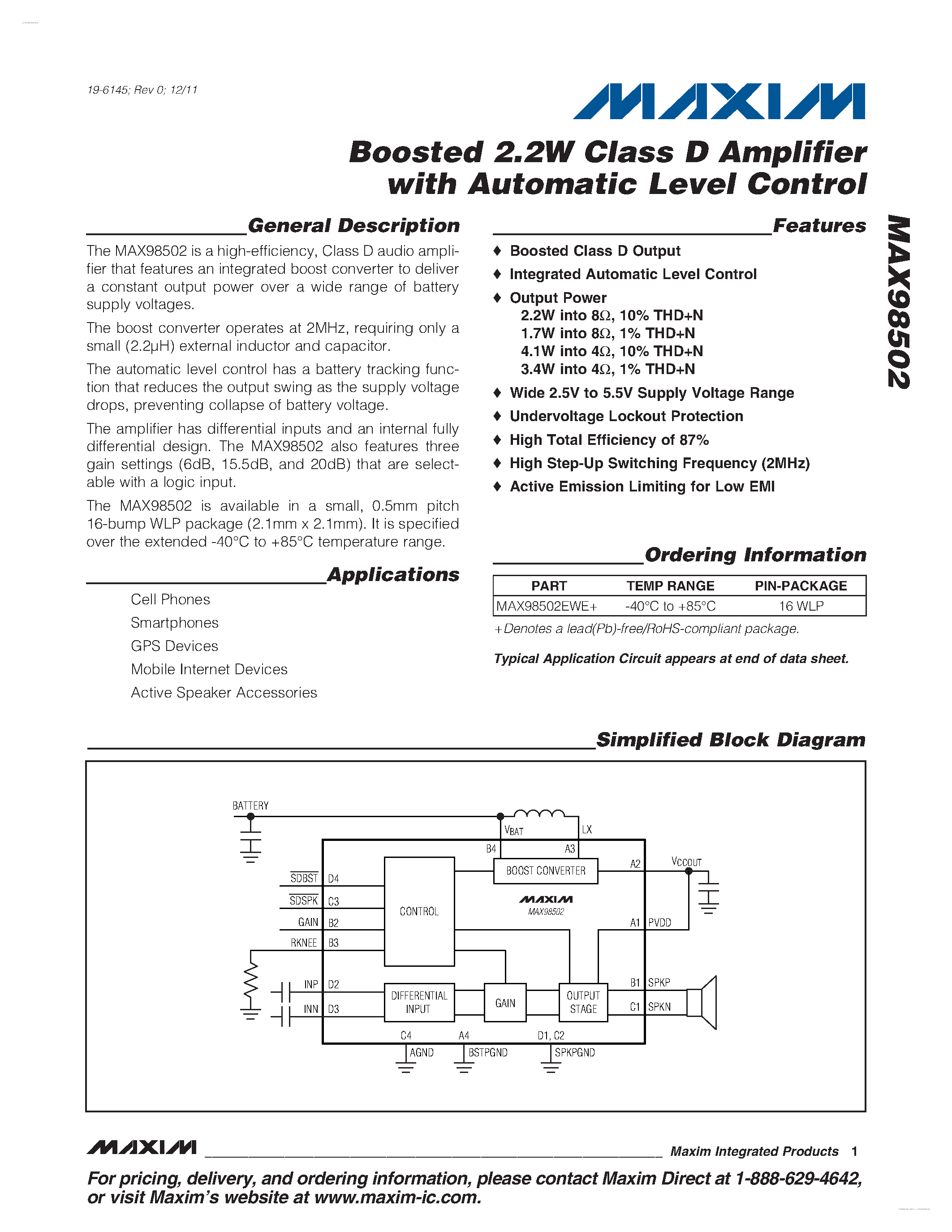 Даташит на микросхему MAX98502 страница 1 Даташит MAX98502 - Boosted 2.2W Class D Amplifier страница 1