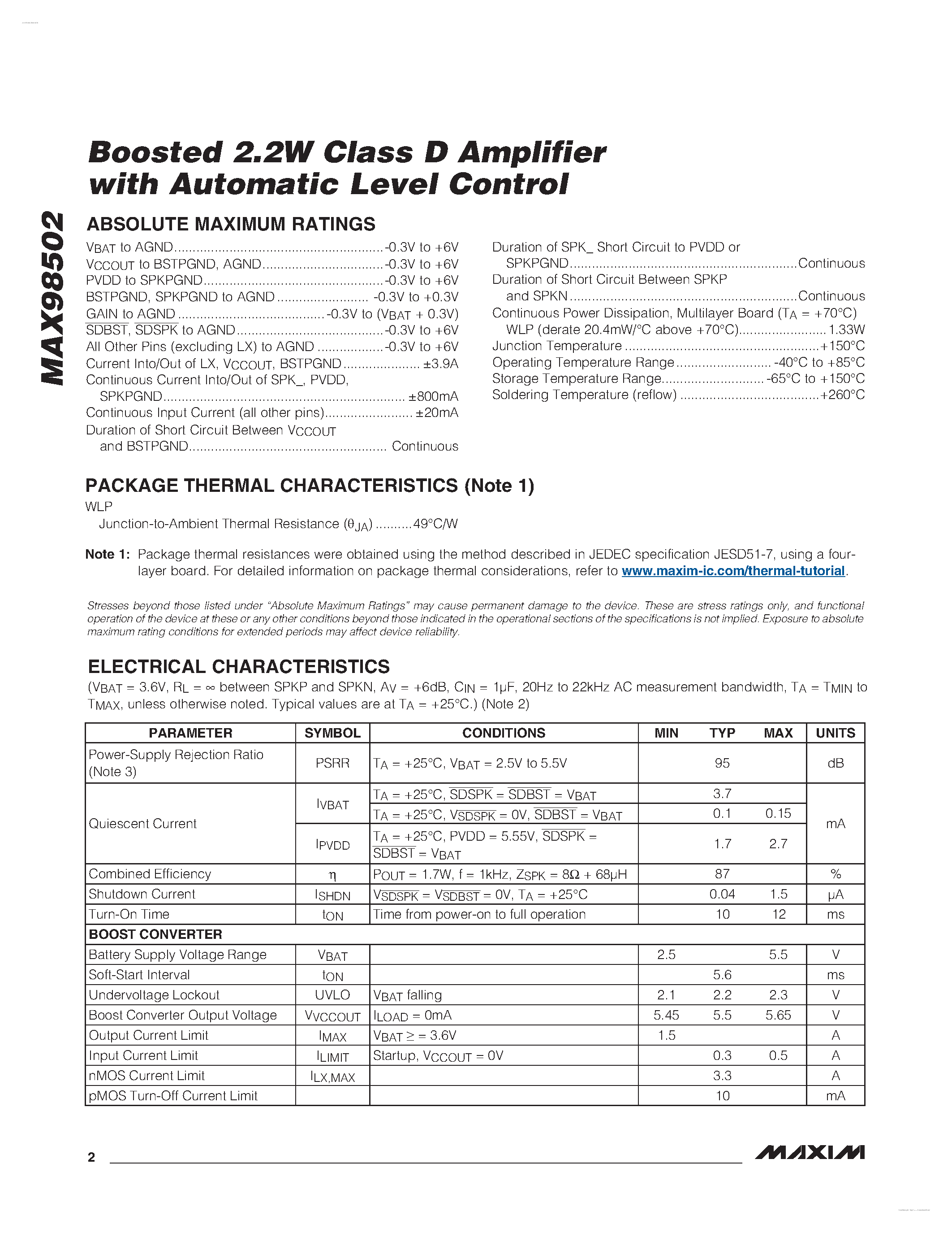 Даташит на микросхему MAX98502 страница 2 Даташит MAX98502 - Boosted 2.2W Class D Amplifier страница 2