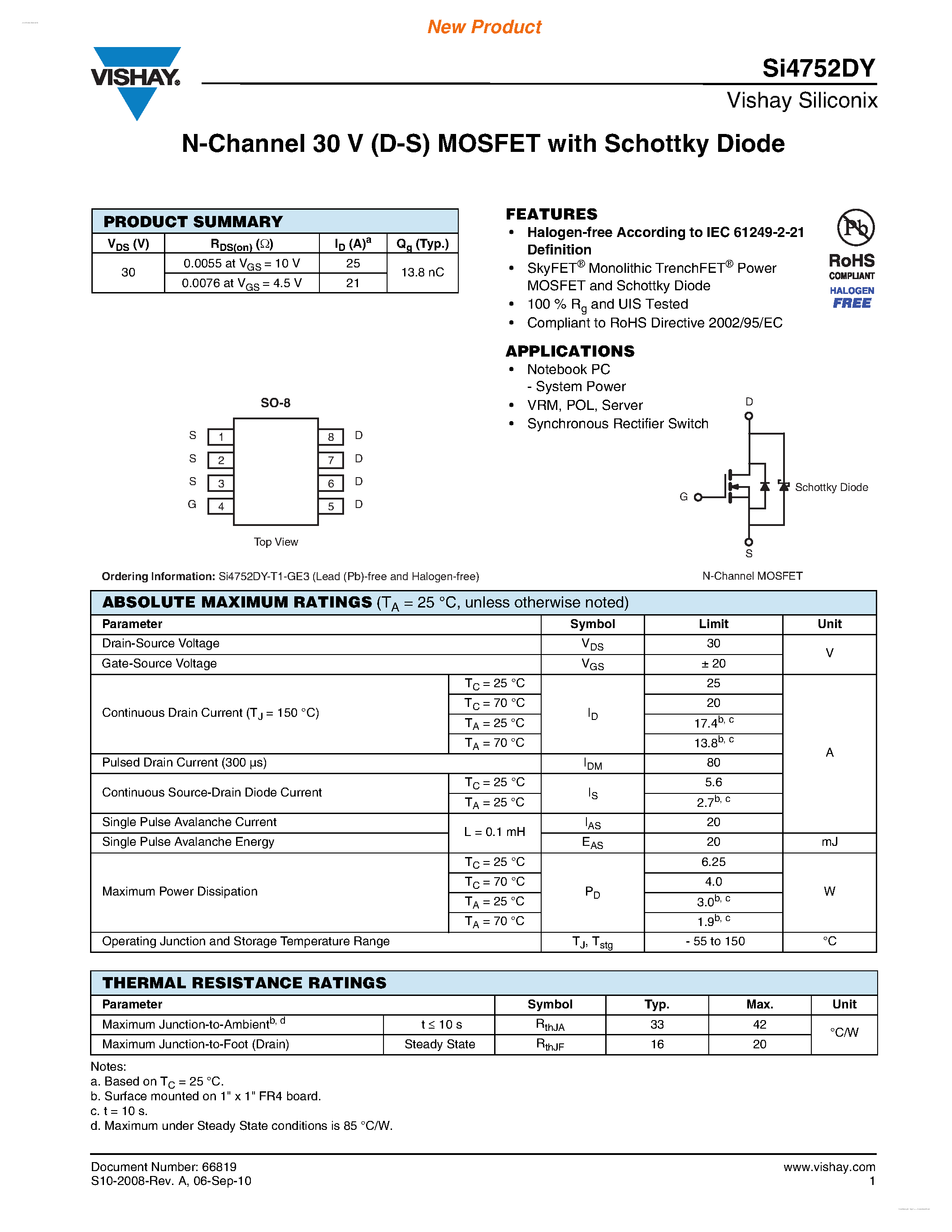 Даташит SI4752DY - N-Channel 30 V (D-S) MOSFET страница 1