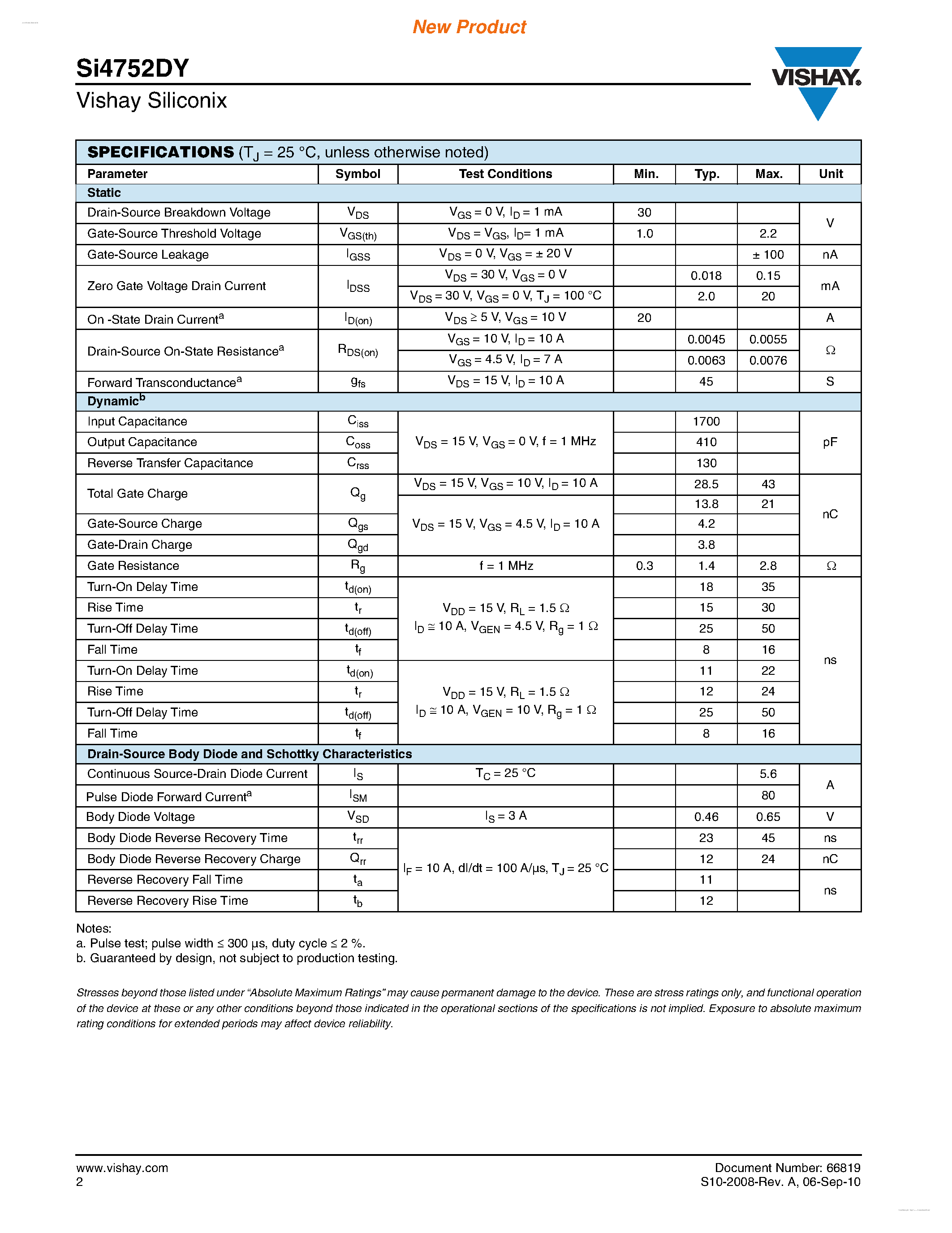 Даташит SI4752DY - N-Channel 30 V (D-S) MOSFET страница 2