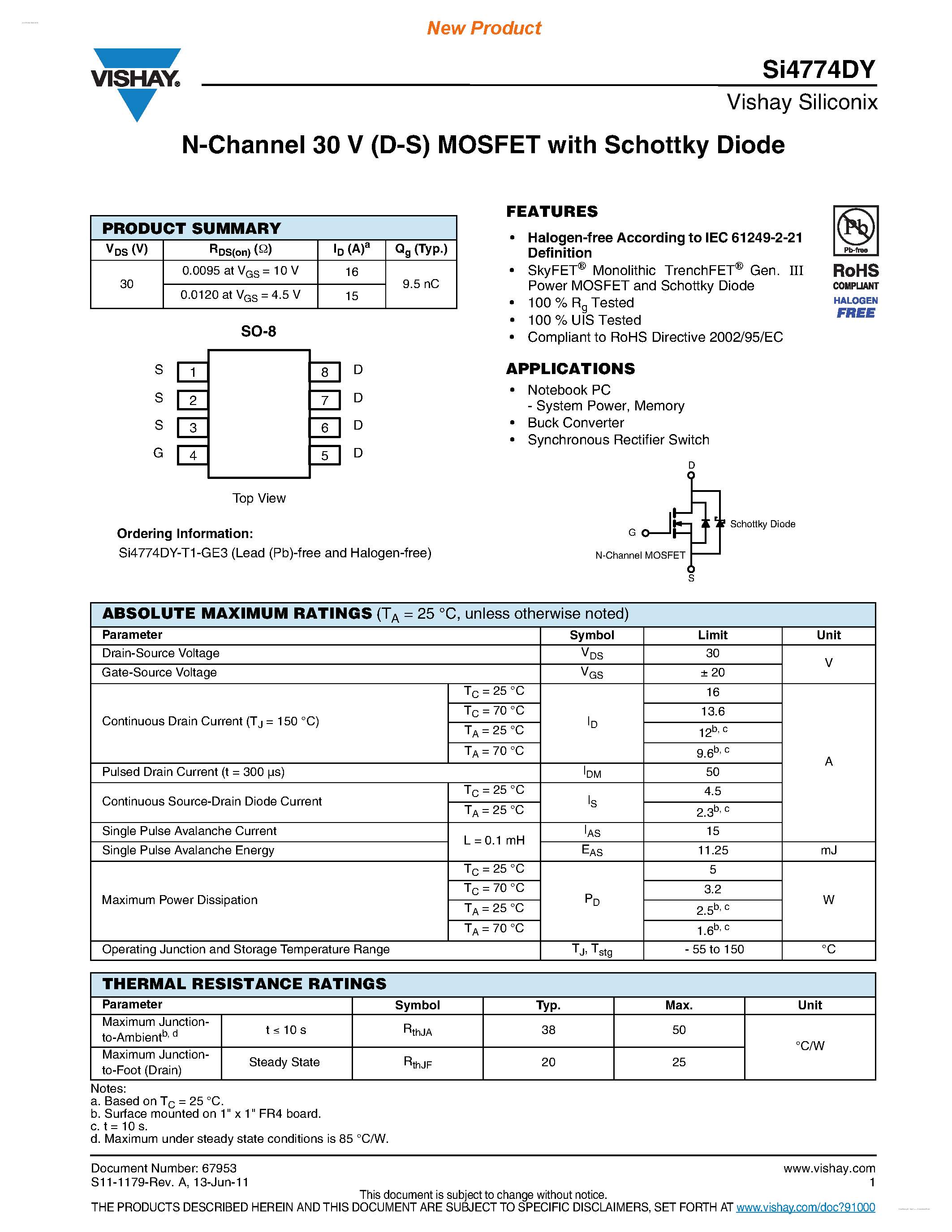 Даташит SI4774DY - N-Channel 30 V (D-S) MOSFET страница 1