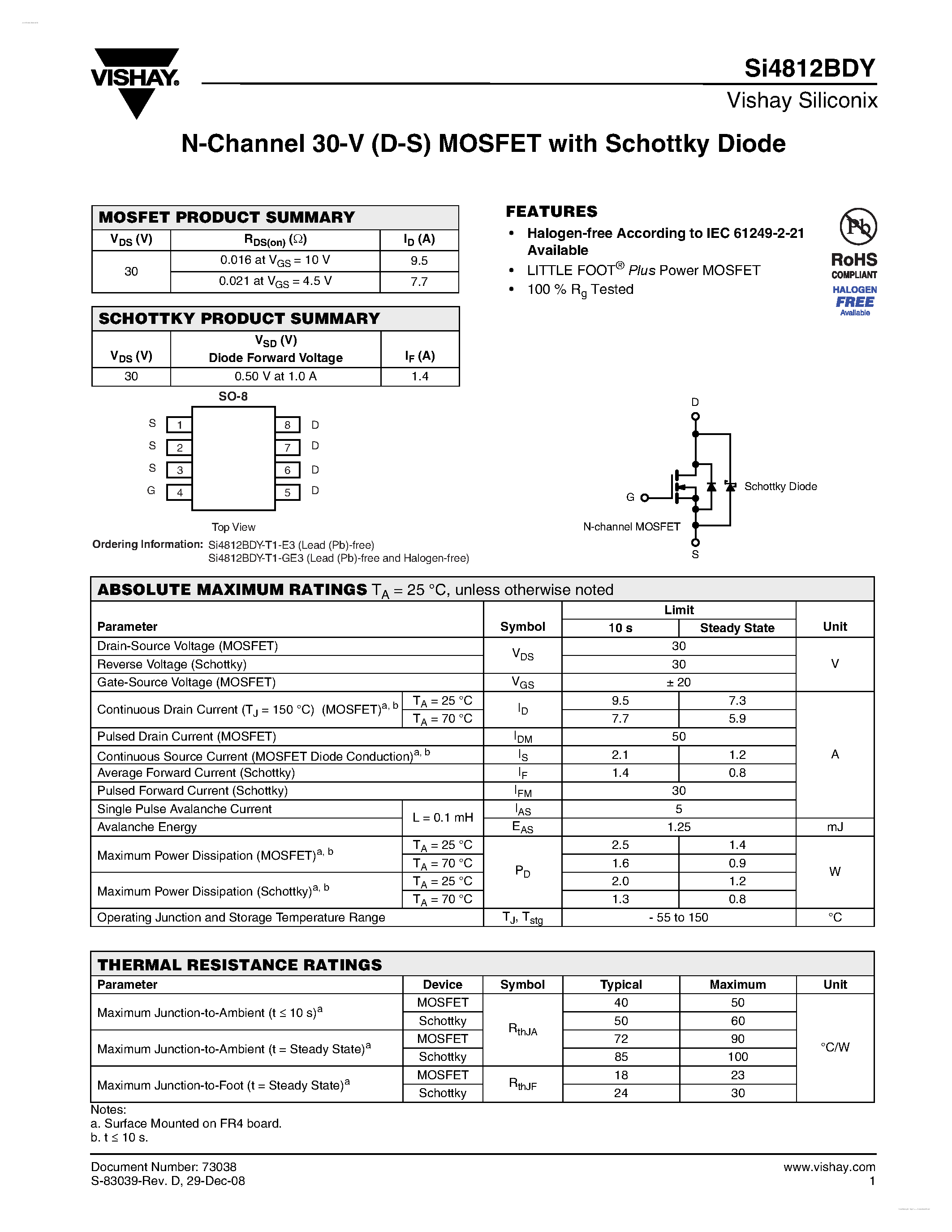 Даташит SI4812BDY - N-Channel 30-V (D-S) MOSFET страница 1