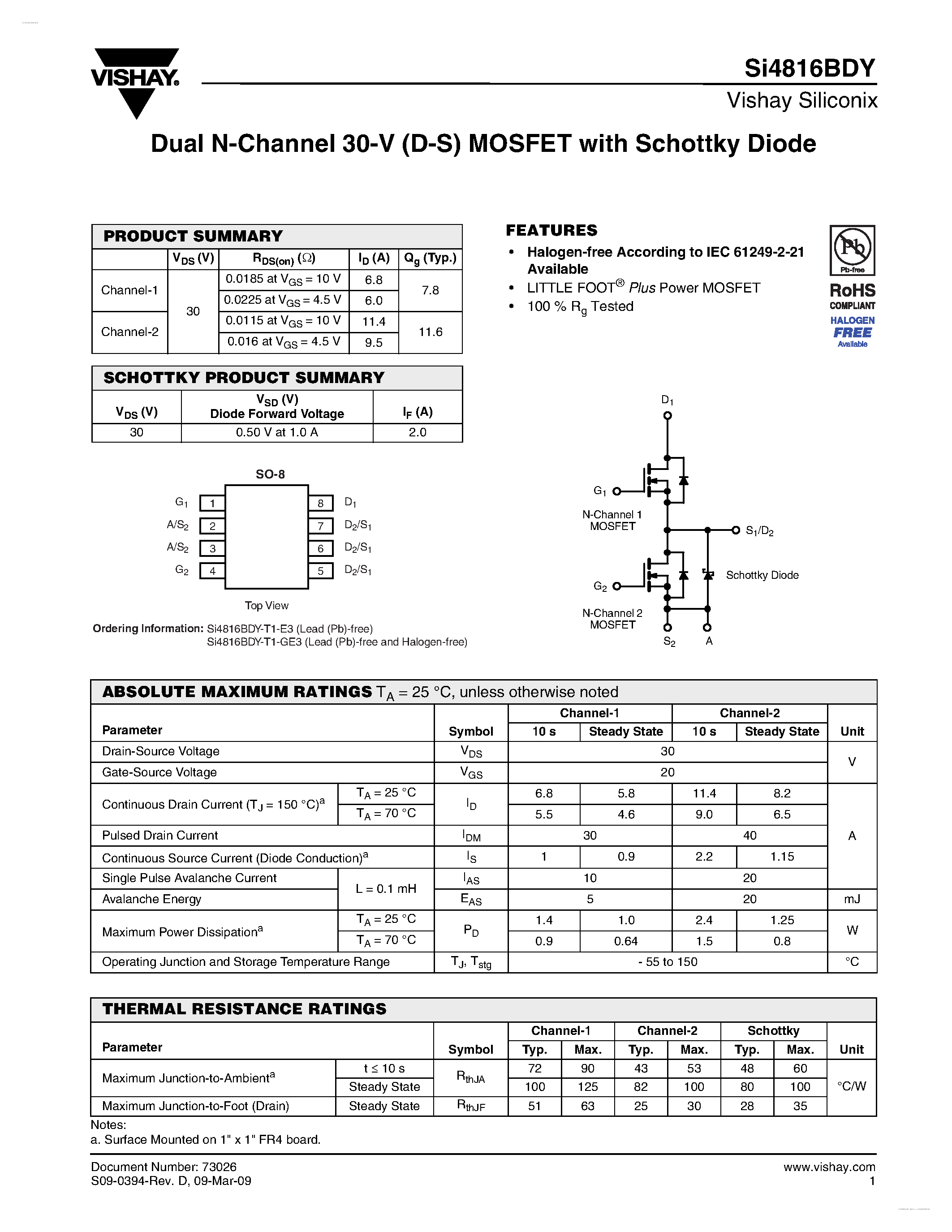 Datasheet SI4816BDY - Dual N-Channel 30-V (D-S) MOSFET page 1