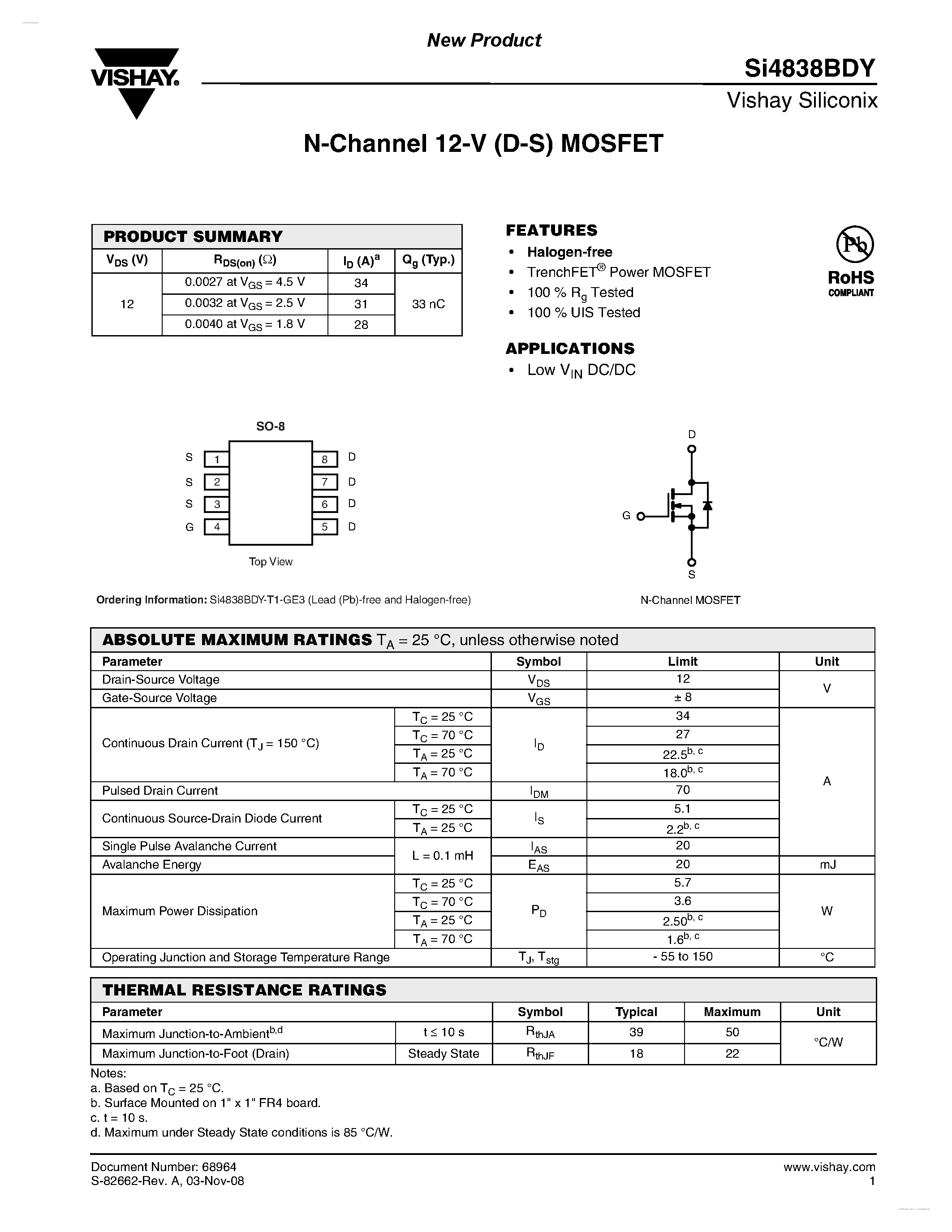 Datasheet SI4838BDY - N-Channel 12-V (D-S) MOSFET page 1