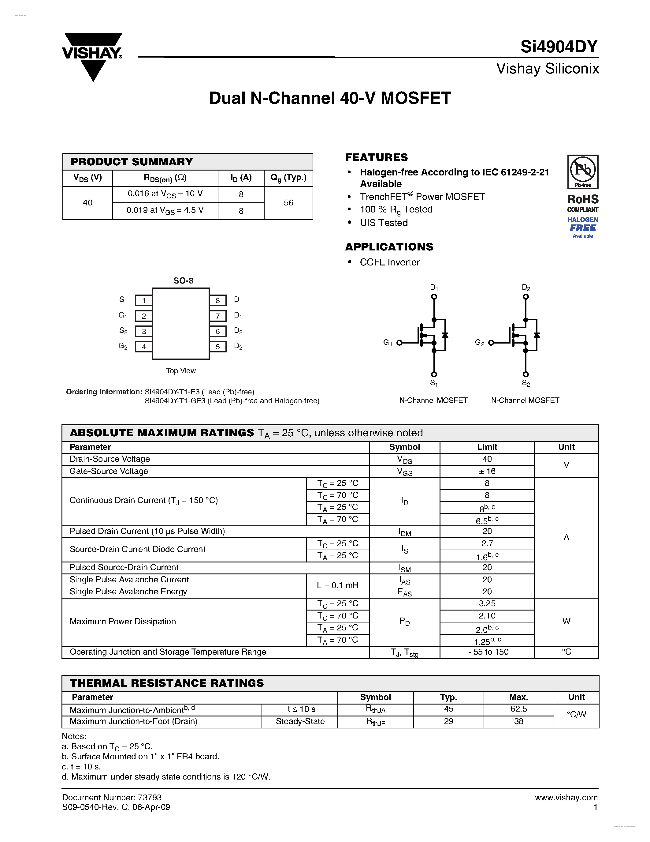 Даташит SI4904DY - Dual N-Channel 40-V MOSFET страница 1