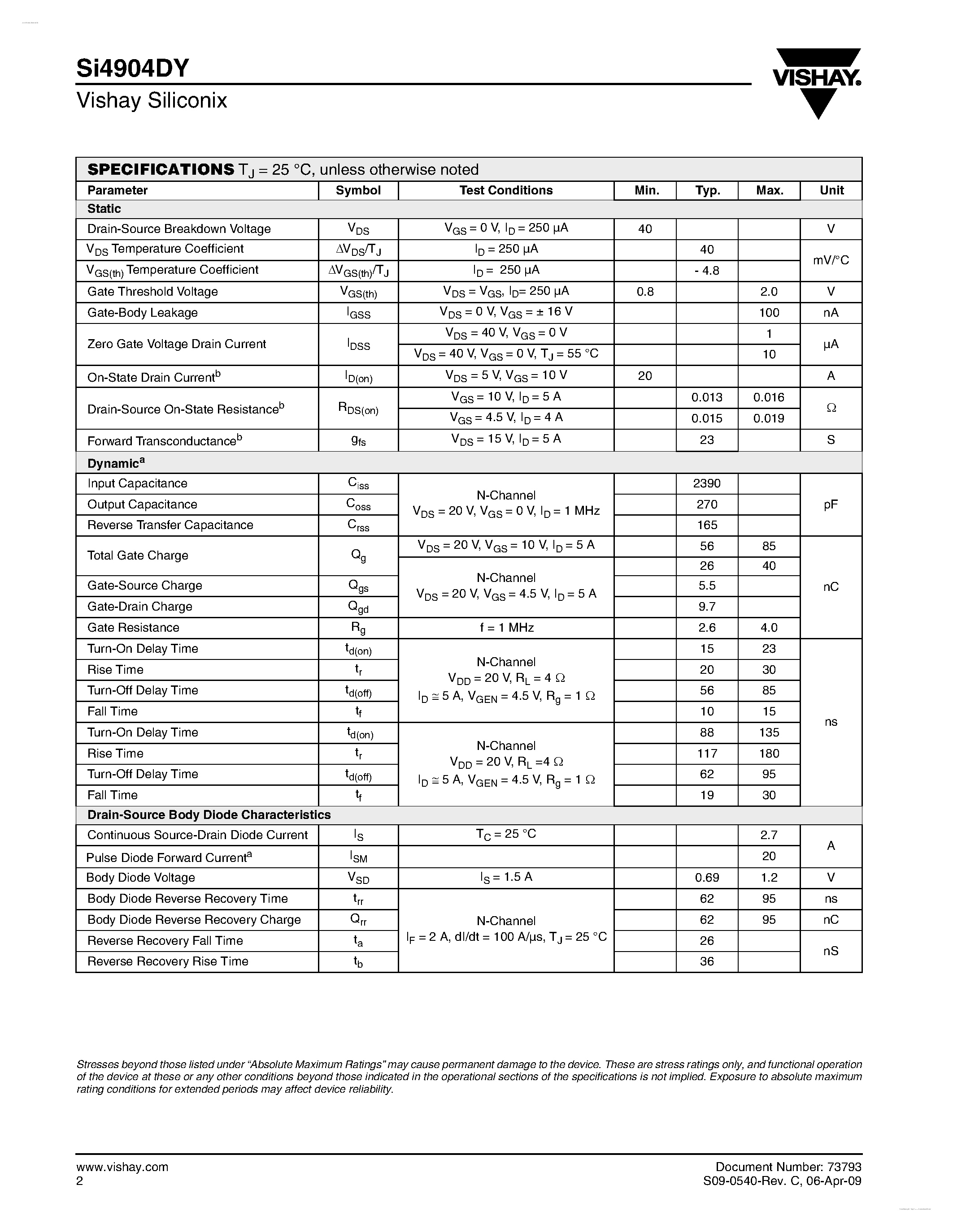 Даташит SI4904DY - Dual N-Channel 40-V MOSFET страница 2