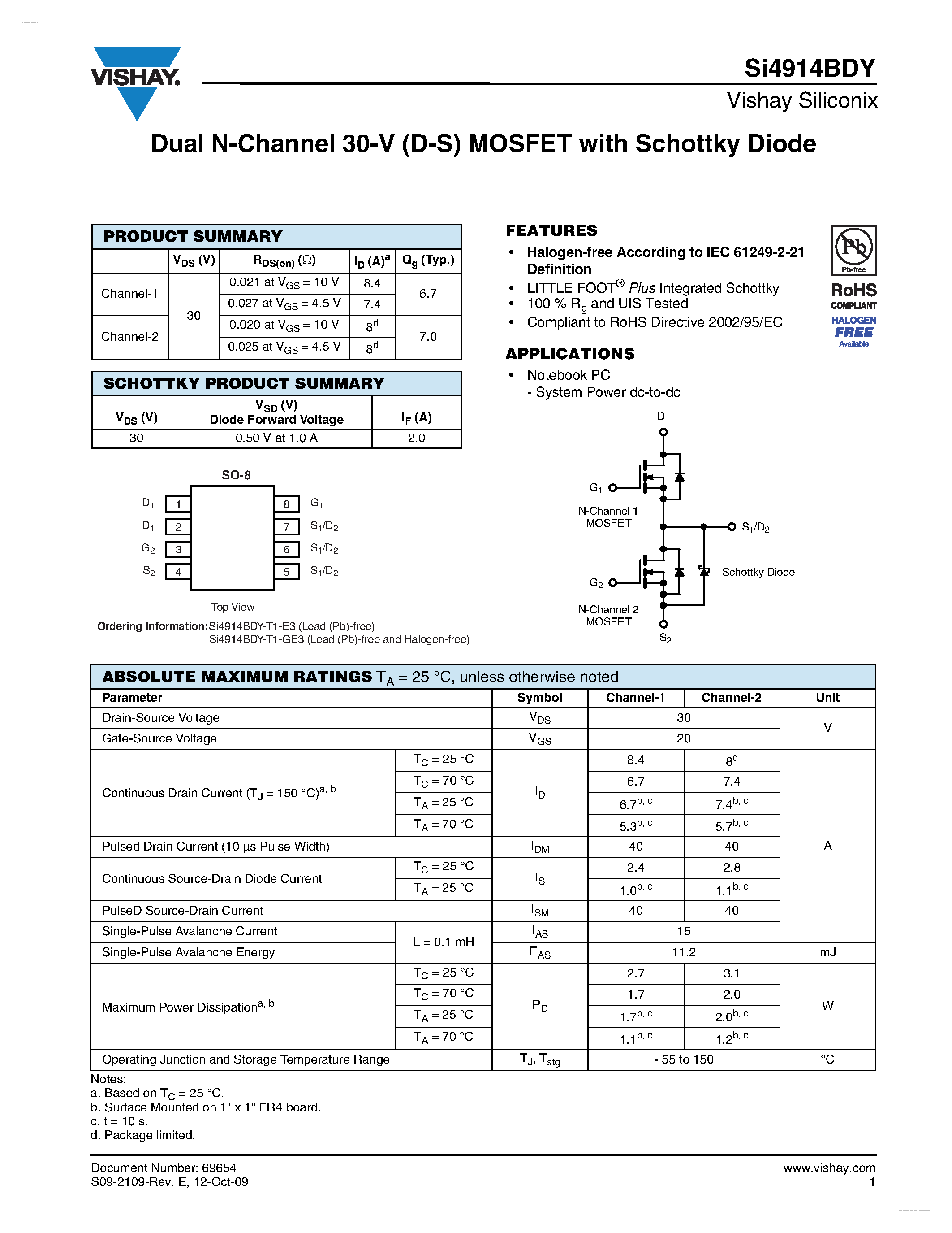 Даташит SI4914BDY - Dual N-Channel 30-V (D-S) MOSFET страница 1