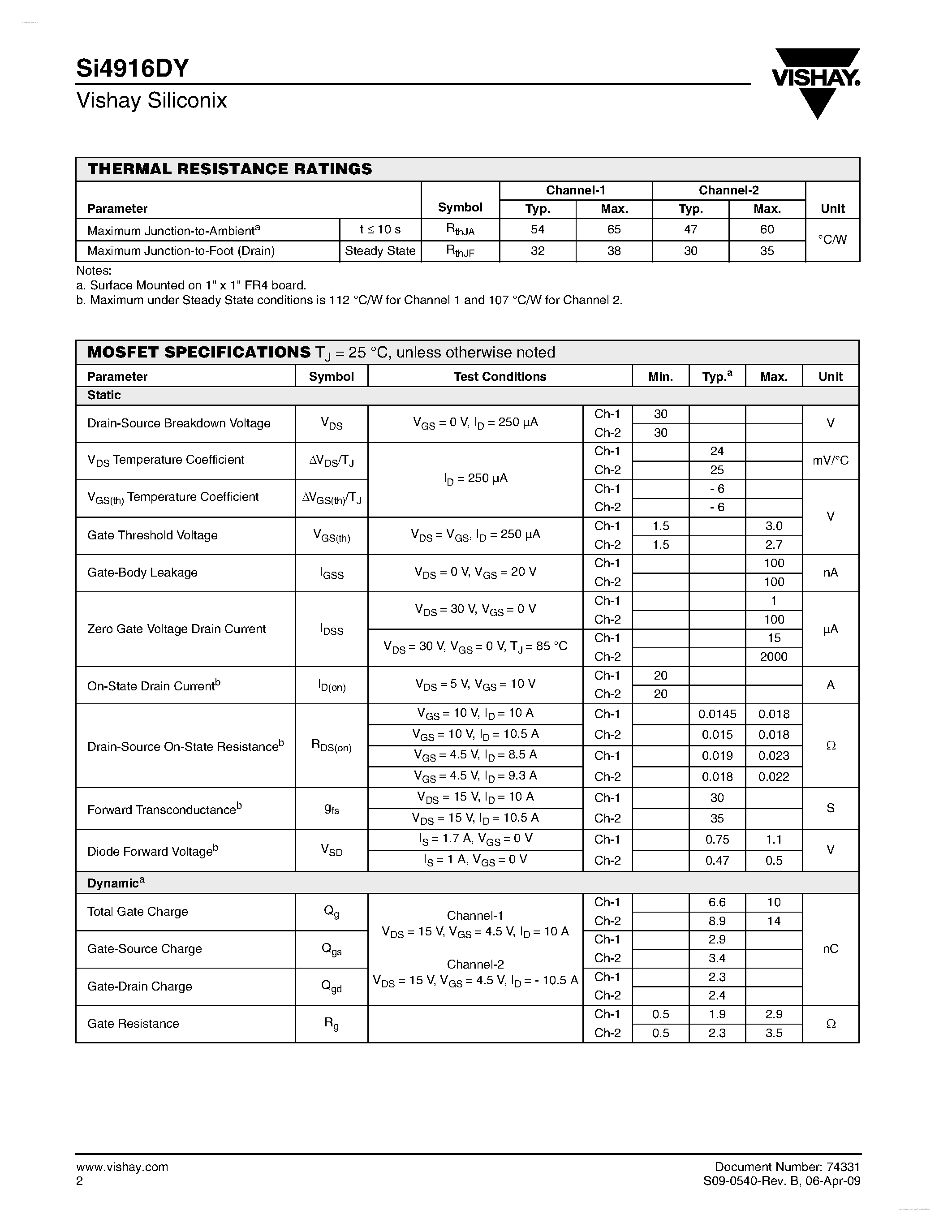 Даташит SI4916DY - Dual N-Channel 30-V (D-S) MOSFET страница 2