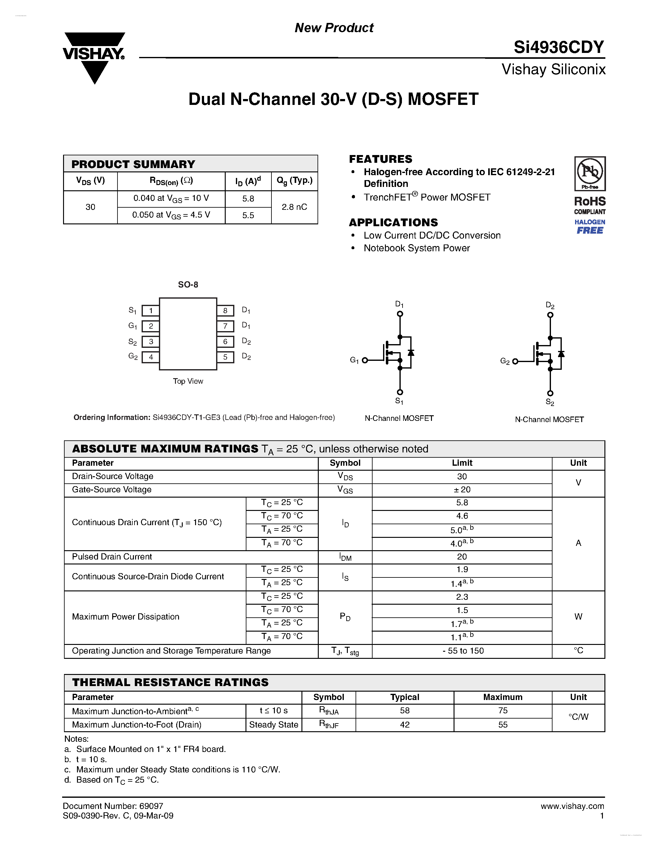 Даташит SI4936CDY - Dual N-Channel 30-V (D-S) MOSFET страница 1