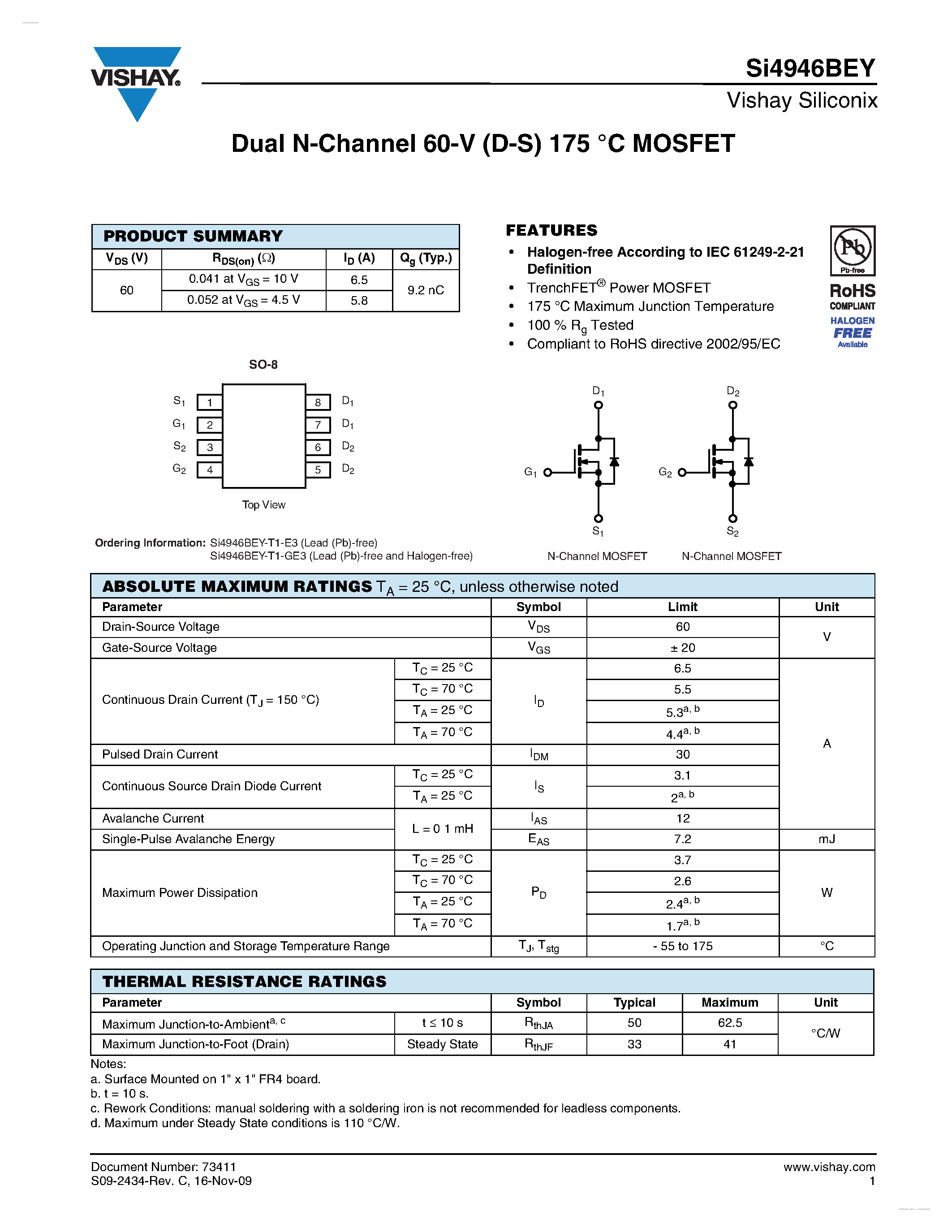 Даташит SI4946BEY - Dual N-Channel 60-V (D-S) MOSFET страница 1