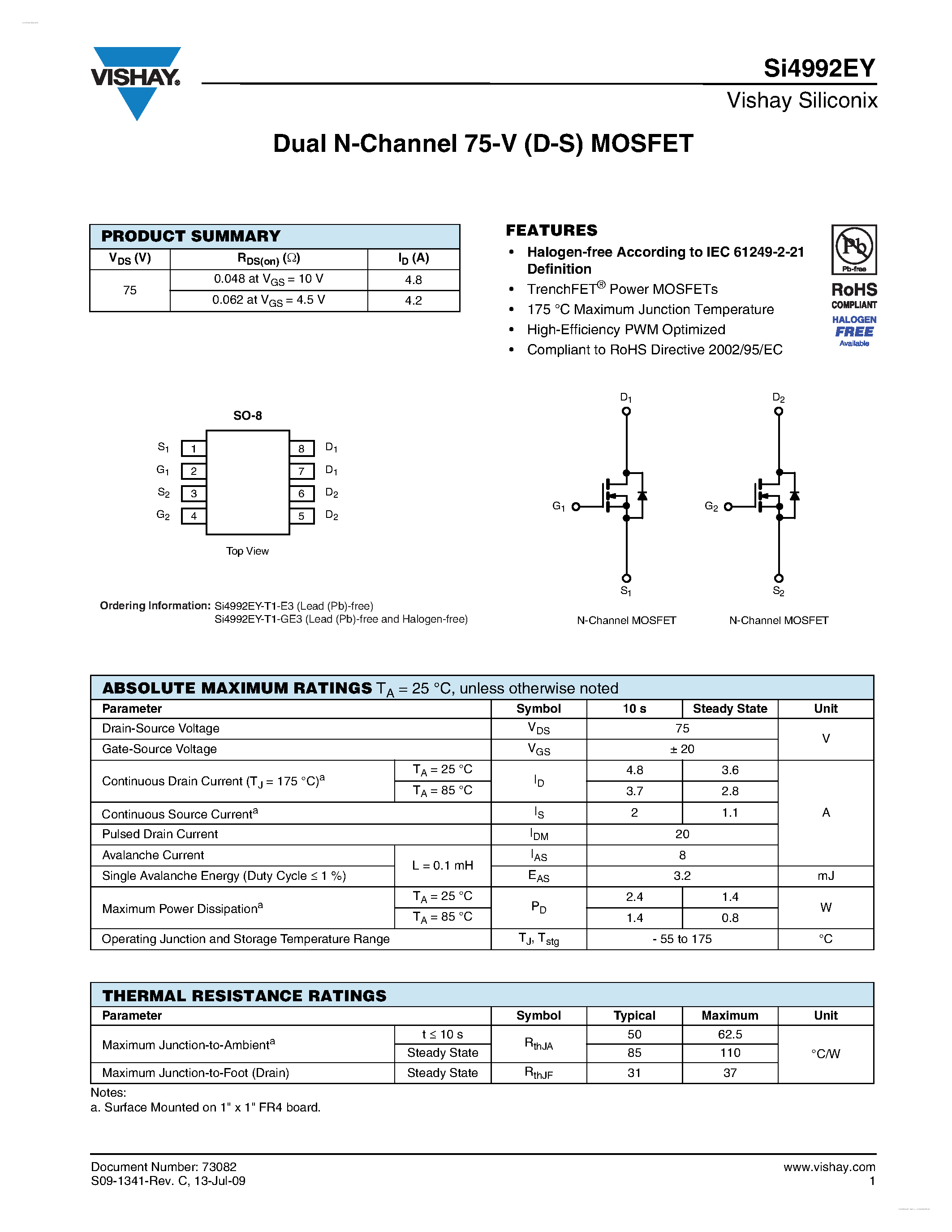 Даташит SI4992EY - Dual N-Channel 75-V (D-S) MOSFET страница 1
