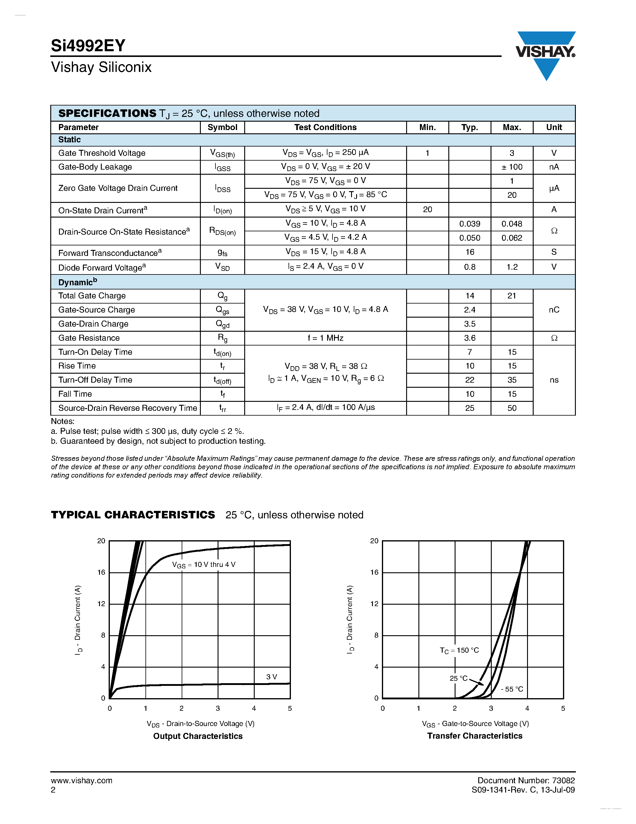 Даташит SI4992EY - Dual N-Channel 75-V (D-S) MOSFET страница 2