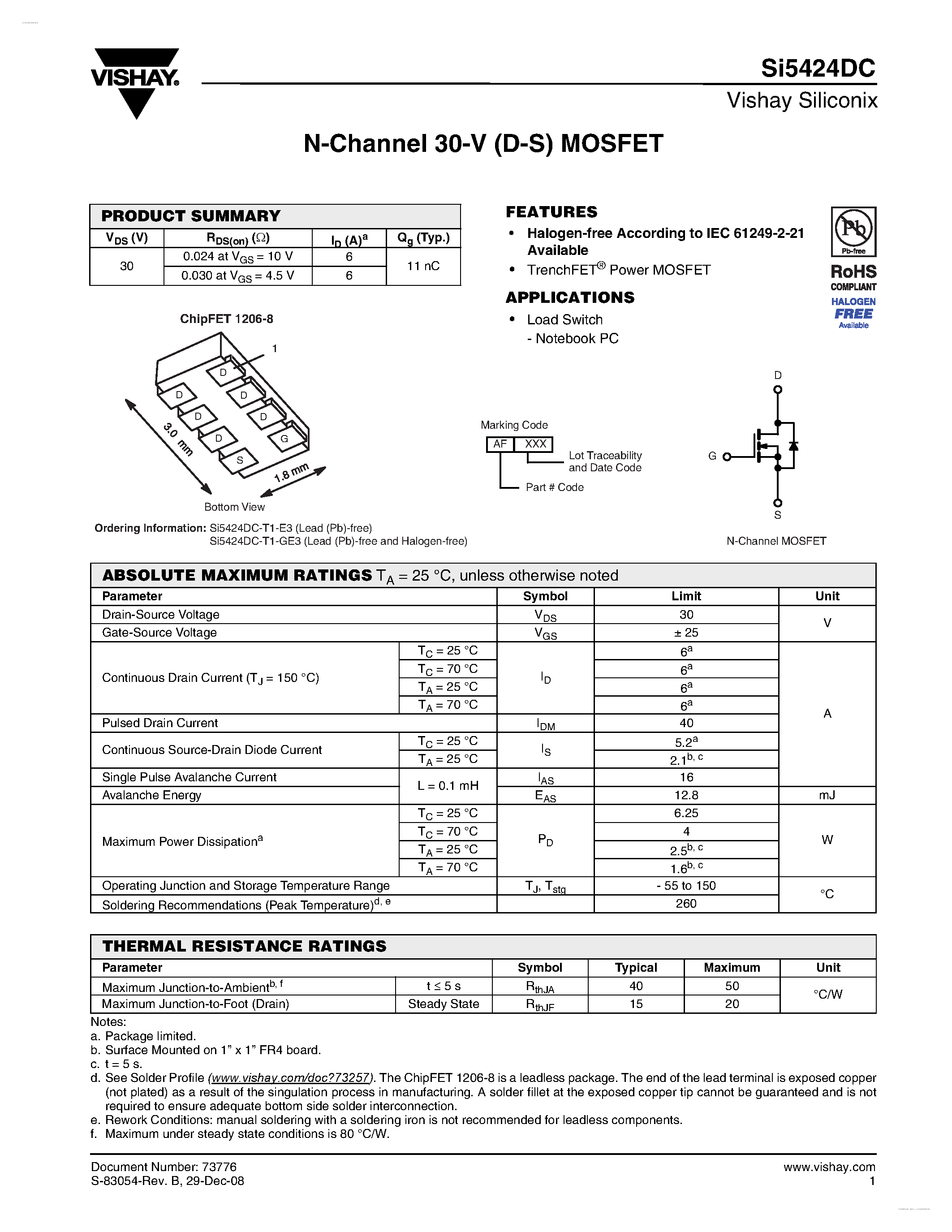 Даташит SI5424DC - N-Channel 30-V (D-S) MOSFET страница 1