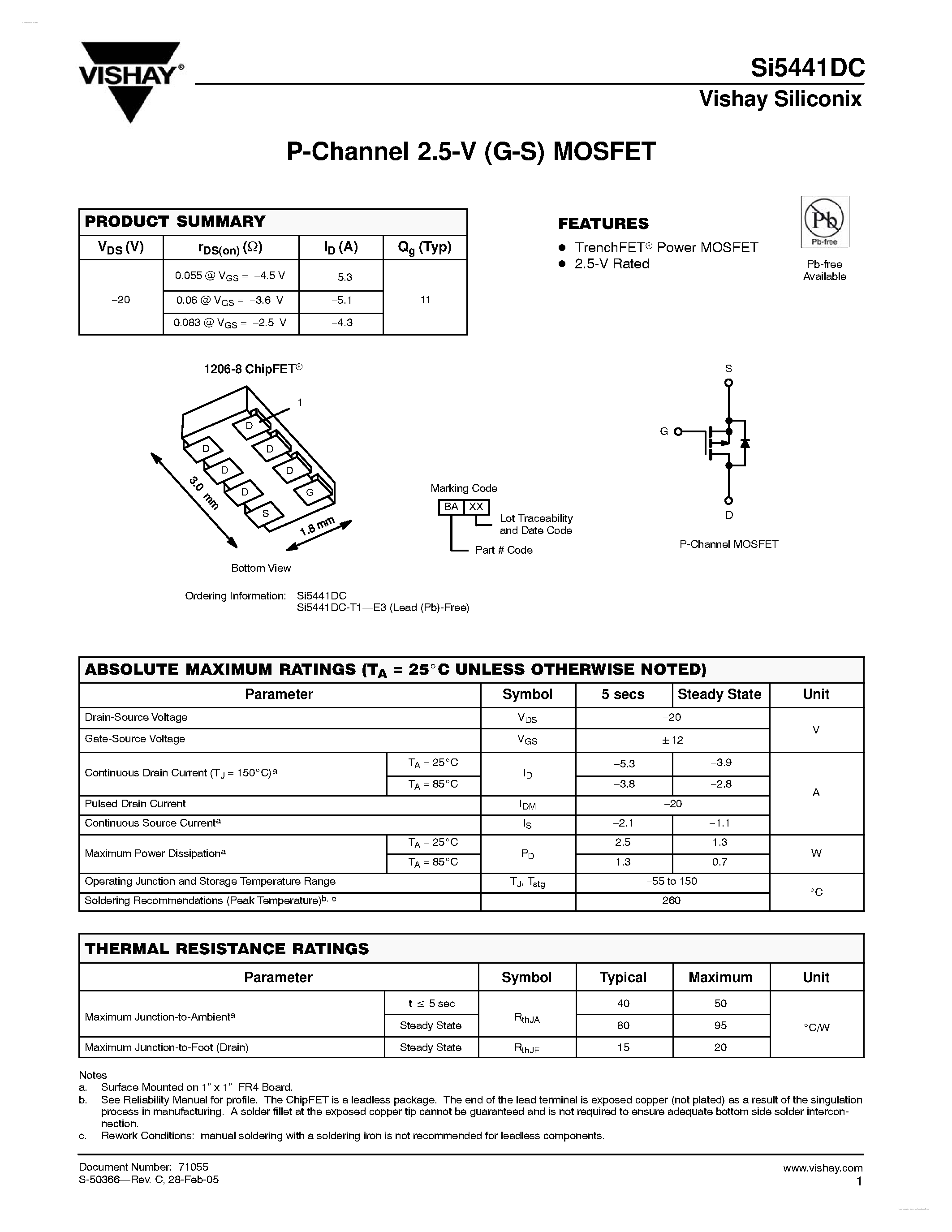 Datasheet SI5441DC page 1 Datasheet SI5441DC - P-Channel 2.5-V (G-S) MOSFET page 1