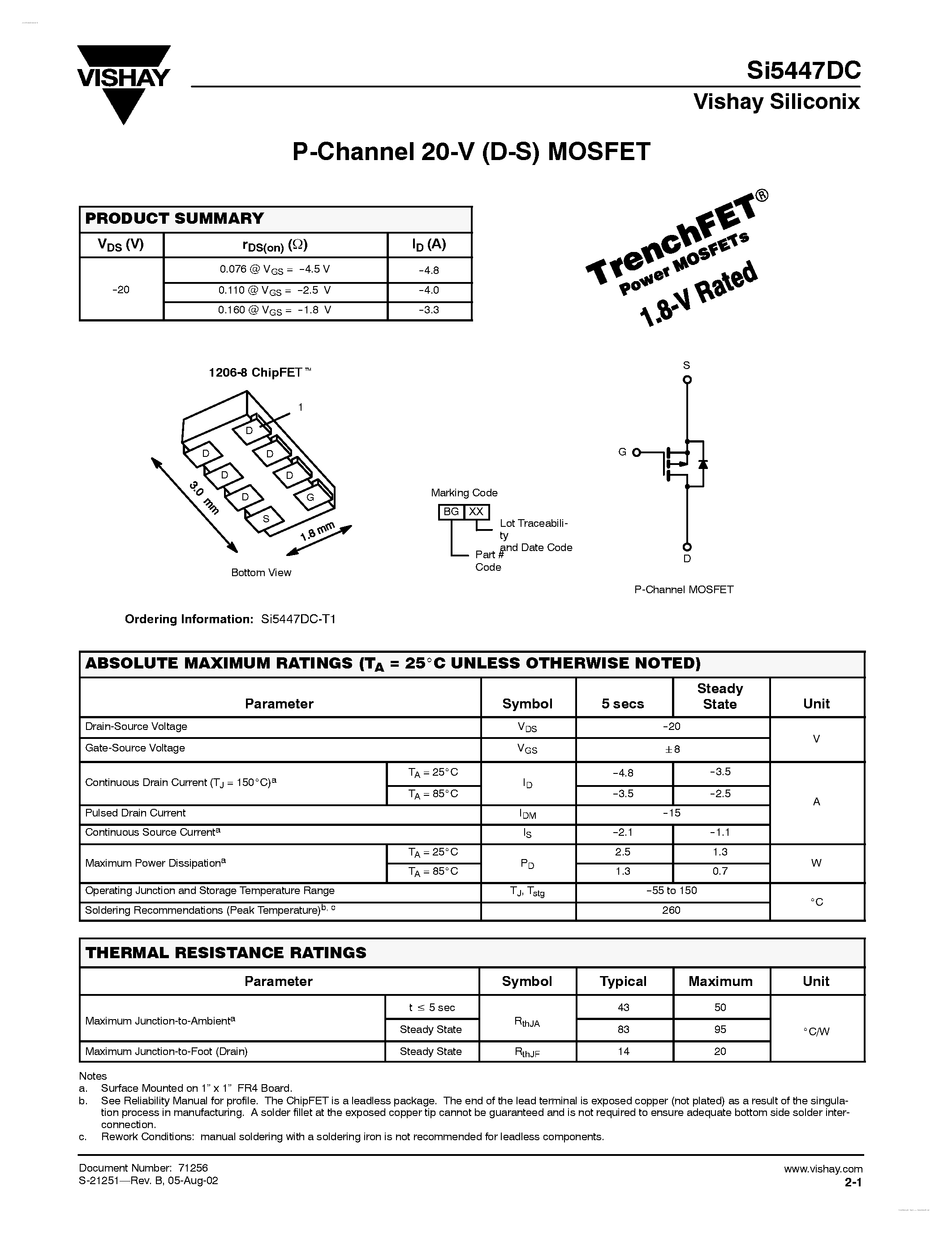 Даташит на микросхему SI5447DC страница 1 Даташит SI5447DC - P-Channel 20-V (D-S) MOSFET страница 1