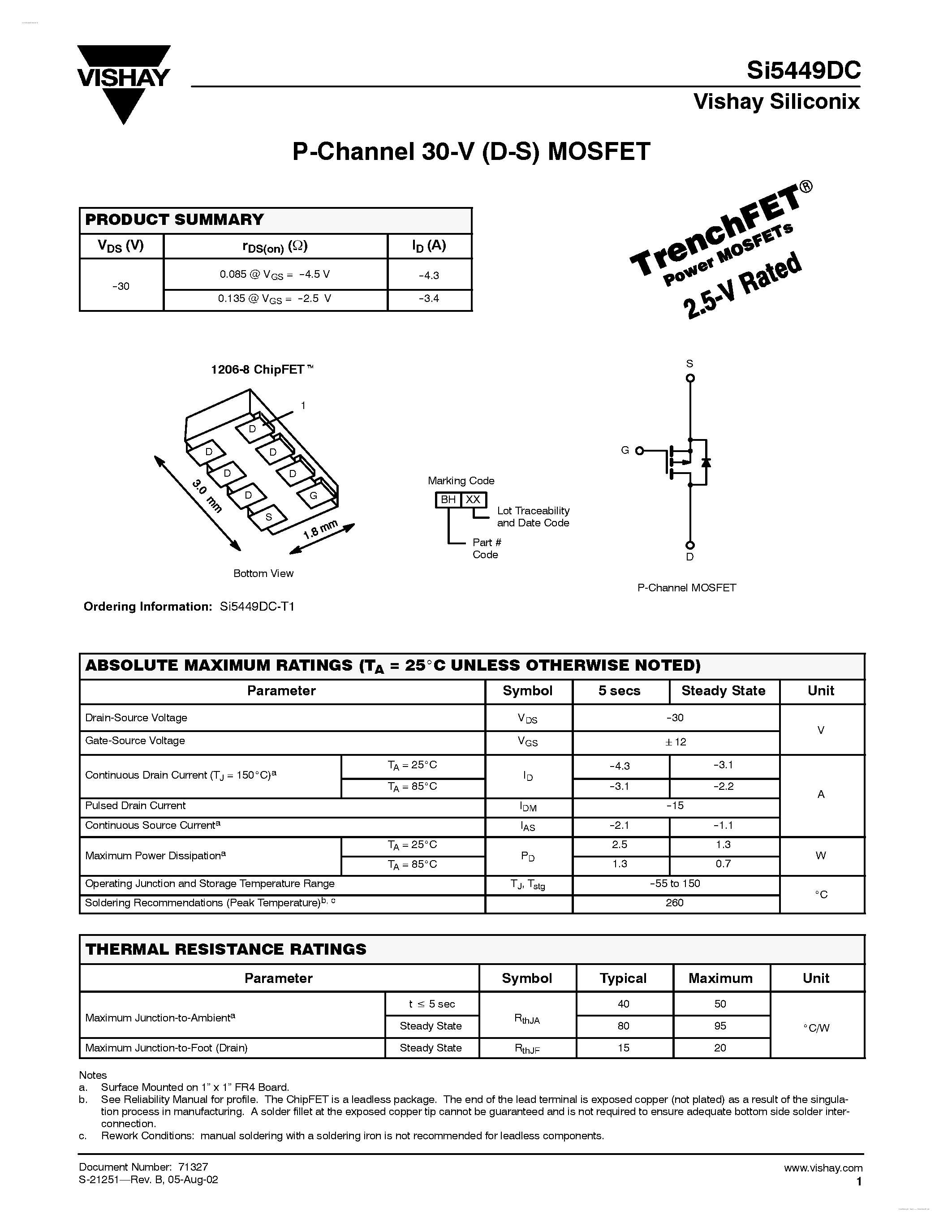 Даташит на микросхему SI5449DC страница 1 Даташит SI5449DC - P-Channel 30-V (D-S) MOSFET страница 1