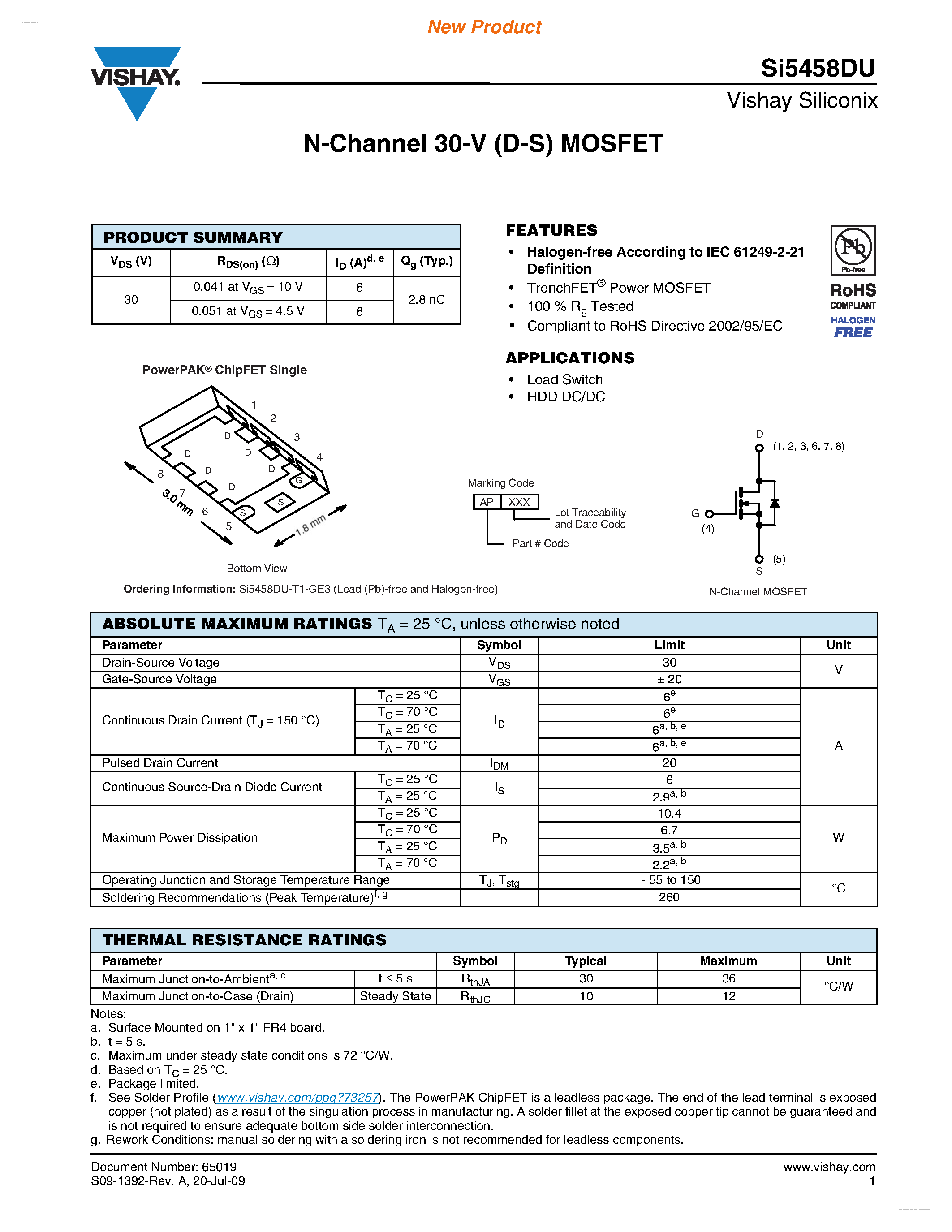 Даташит SI5458DU - N-Channel 30-V (D-S) MOSFET страница 1