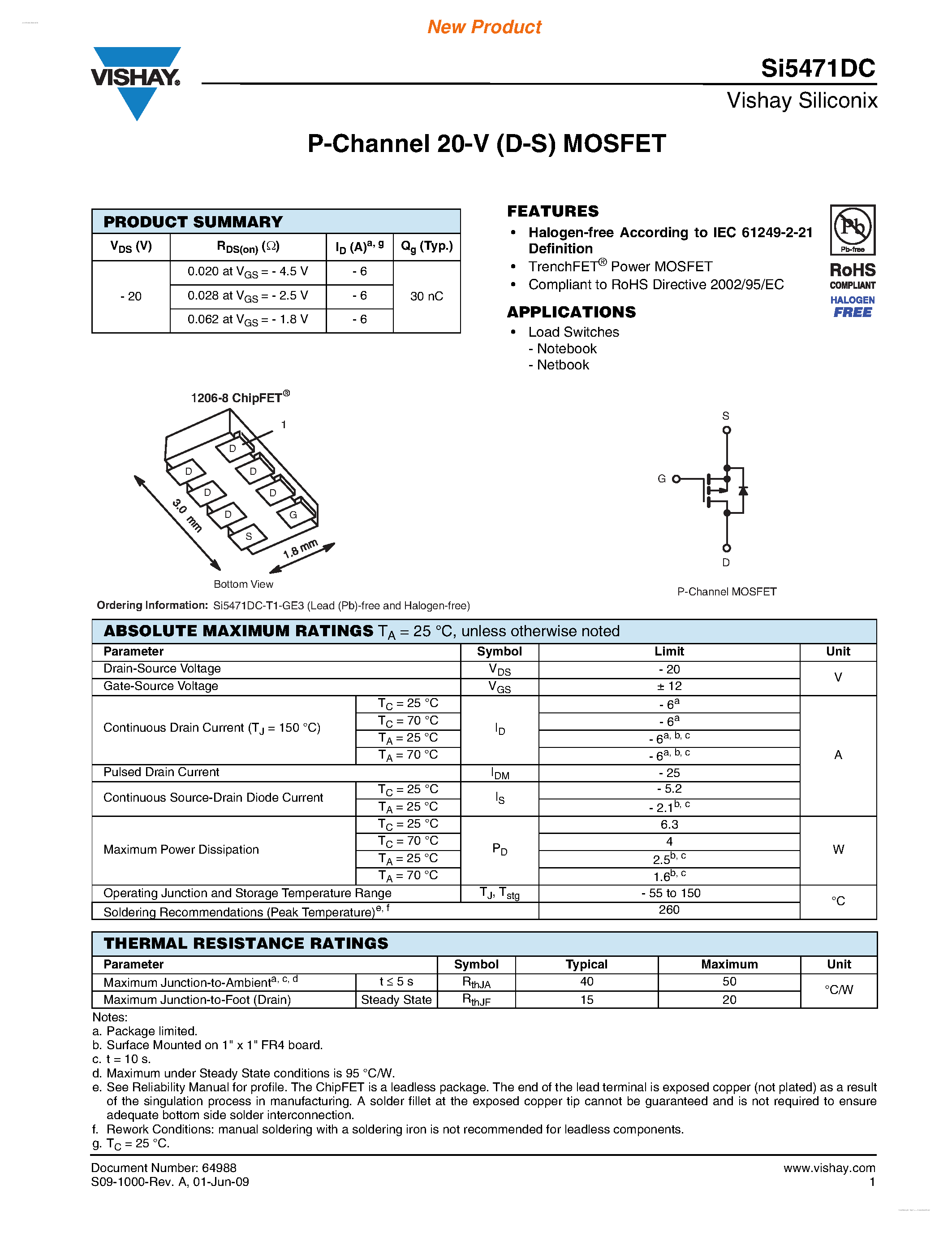 Даташит на микросхему SI5471DC страница 1 Даташит SI5471DC - P-Channel 20-V (D-S) MOSFET страница 1