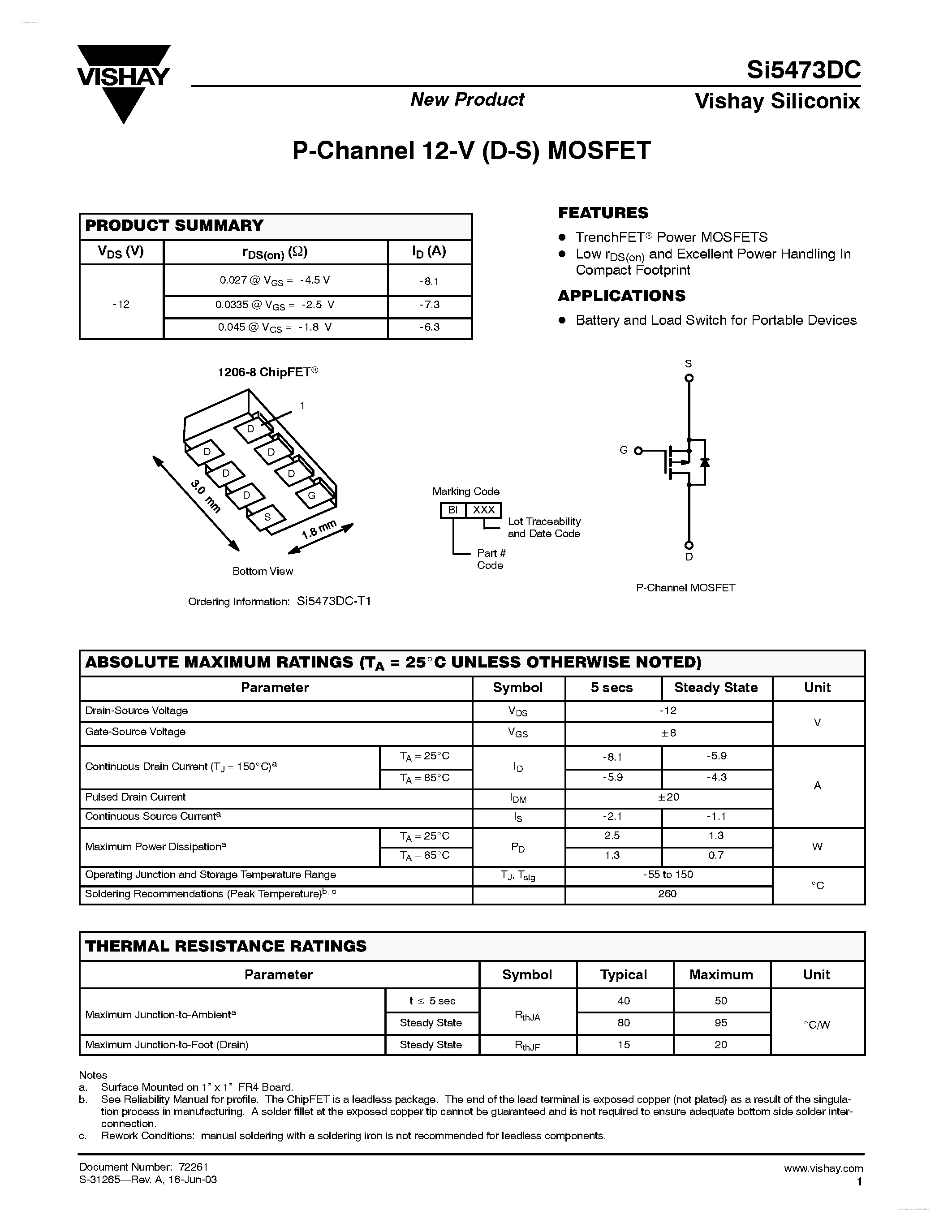 Даташит на микросхему SI5473DC страница 1 Даташит SI5473DC - P-Channel 12-V (D-S) MOSFET страница 1