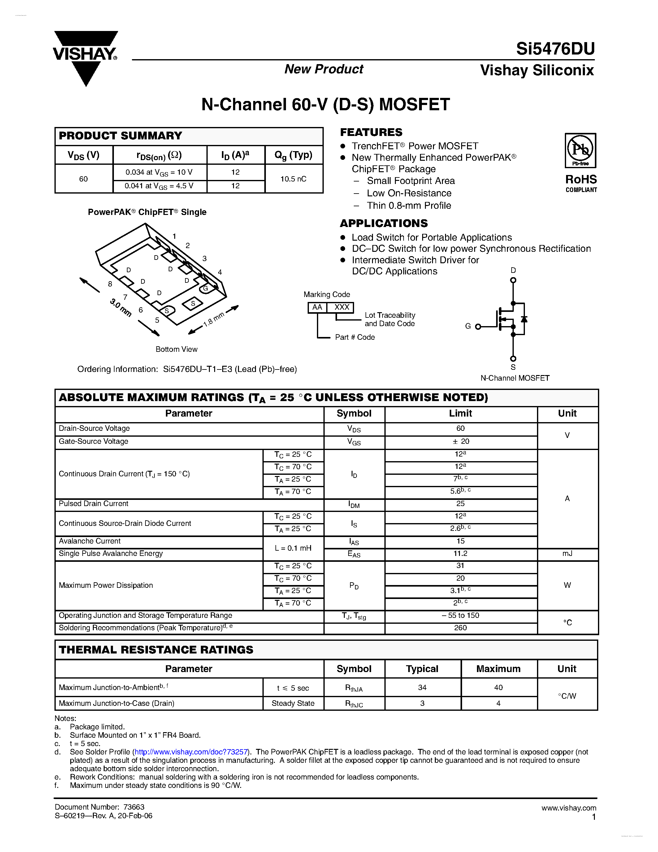 Даташит SI5476DU - N-Channel 60-V (D-S) MOSFET страница 1