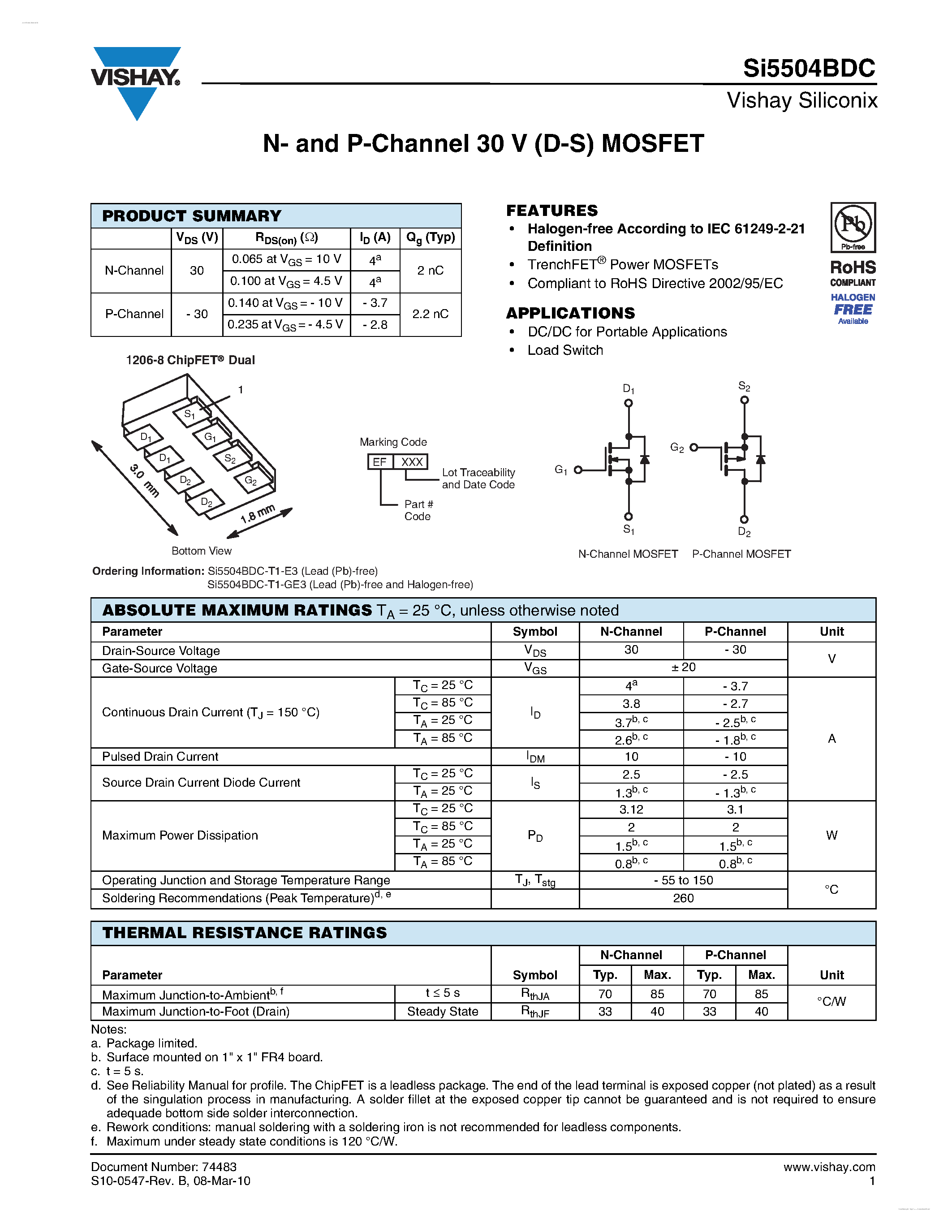 Даташит на микросхему SI5504BDC страница 1 Даташит SI5504BDC - N- and P-Channel 30 V (D-S) MOSFET страница 1