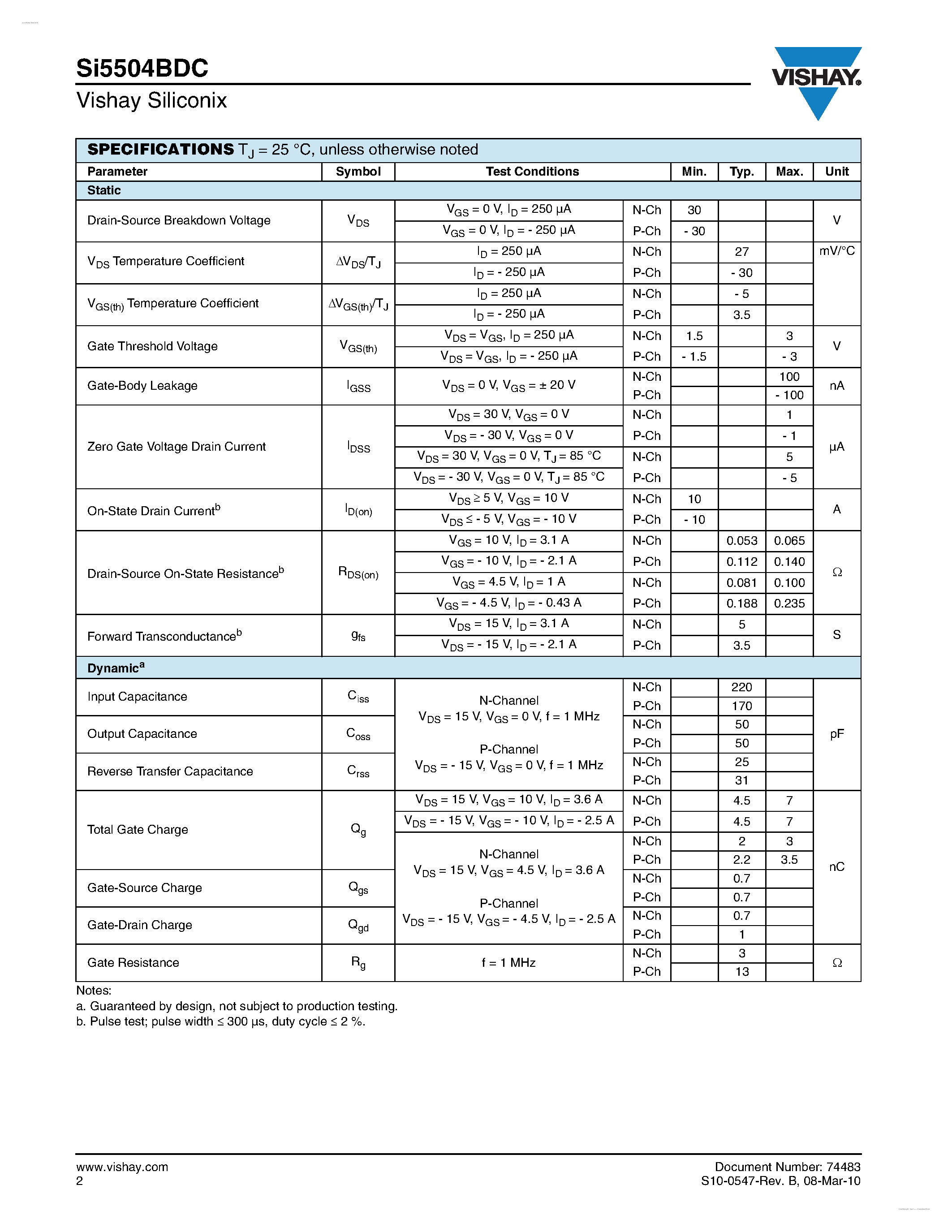 Даташит на микросхему SI5504BDC страница 2 Даташит SI5504BDC - N- and P-Channel 30 V (D-S) MOSFET страница 2
