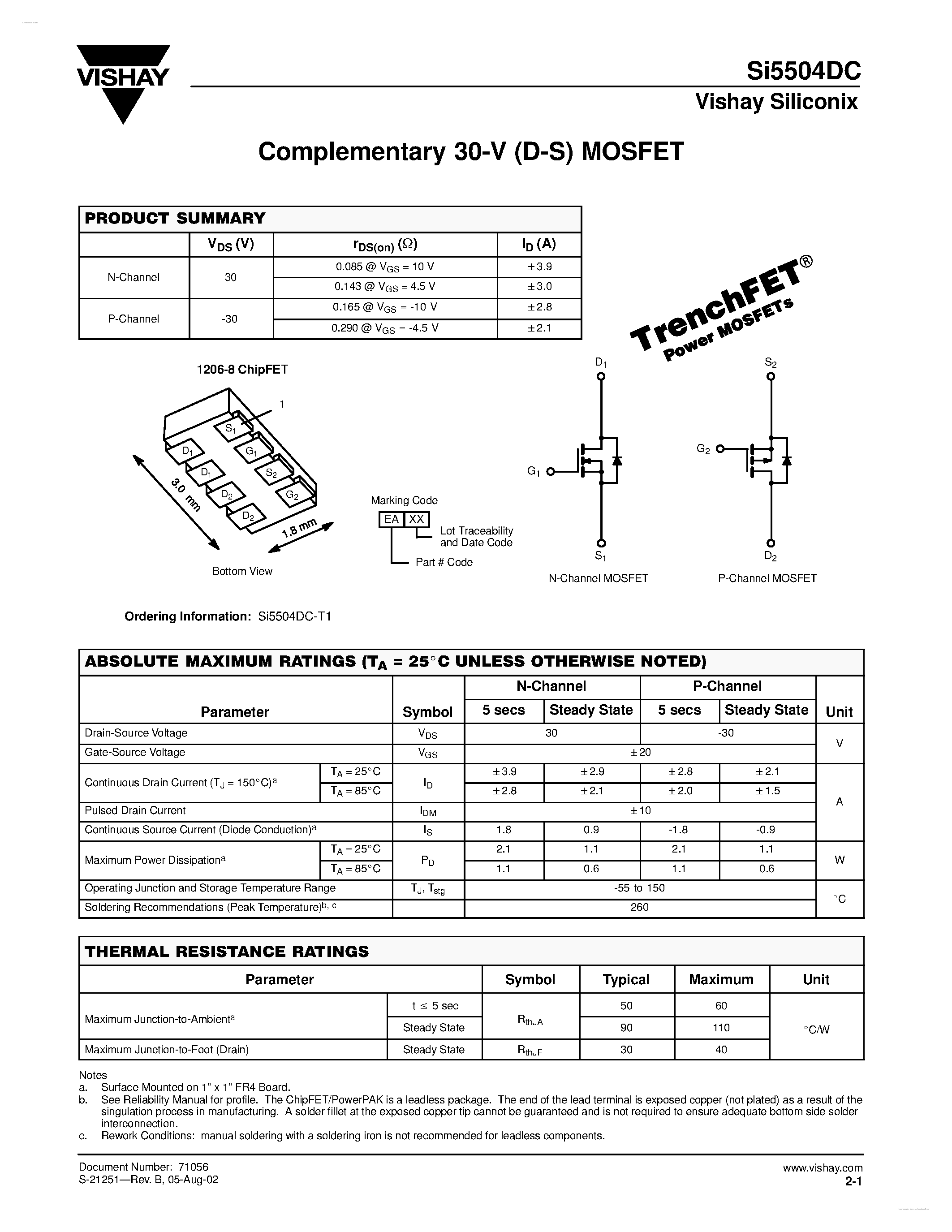 Даташит SI5504DC - Complementary 30-V (D-S) MOSFET страница 1
