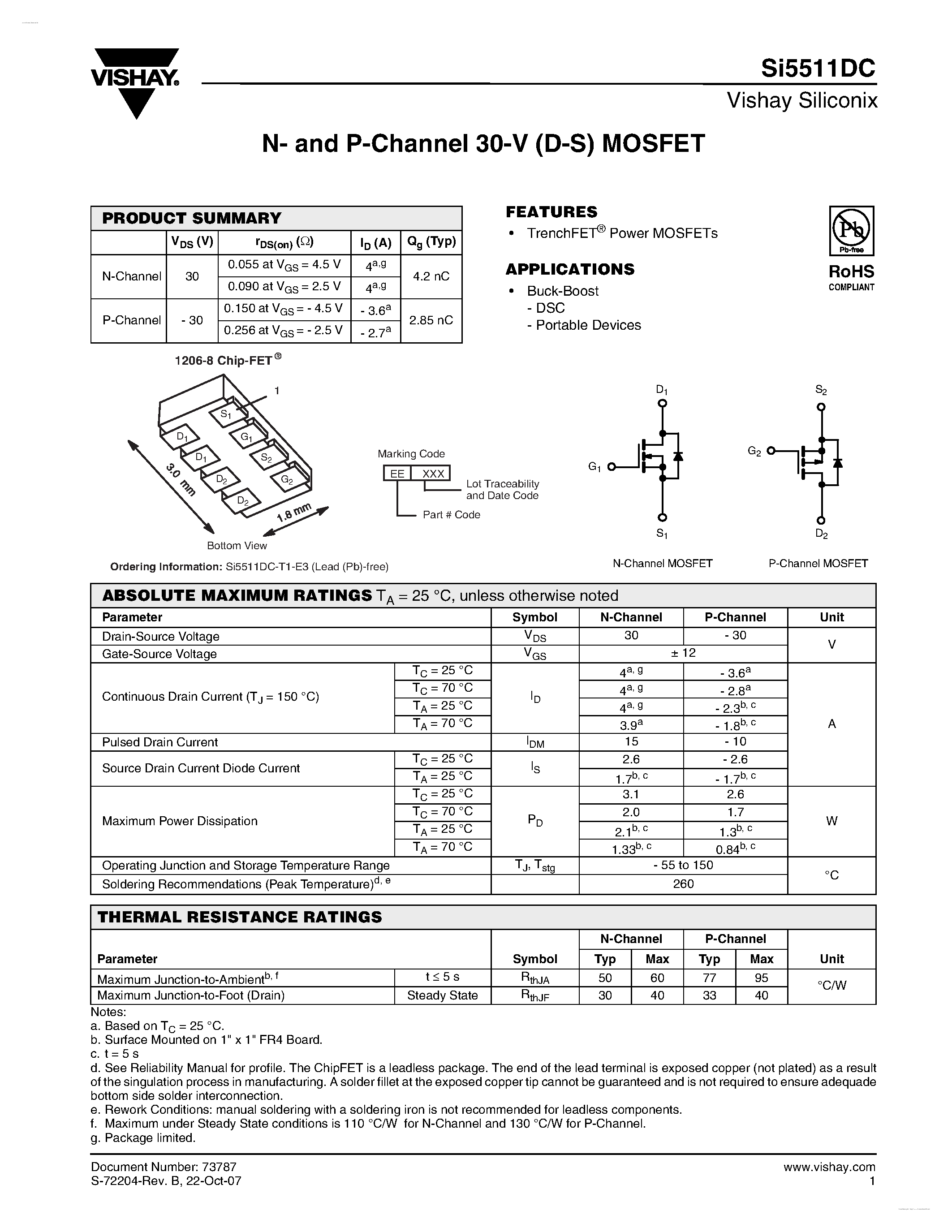 Даташит на микросхему SI5511DC страница 1 Даташит SI5511DC - N- and P-Channel 30-V (D-S) MOSFET страница 1