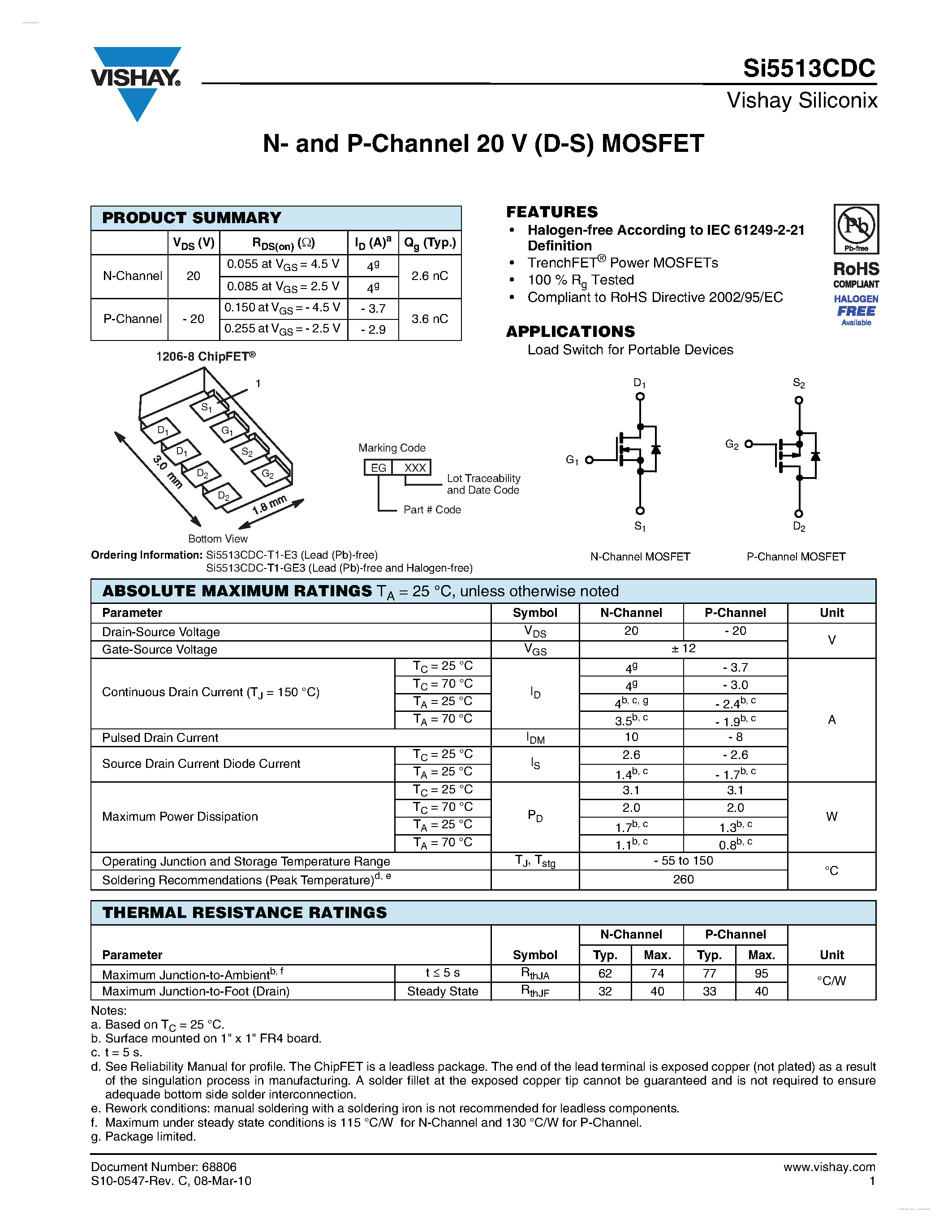 Даташит на микросхему SI5513CDC страница 1 Даташит SI5513CDC - N- and P-Channel 20 V (D-S) MOSFET страница 1