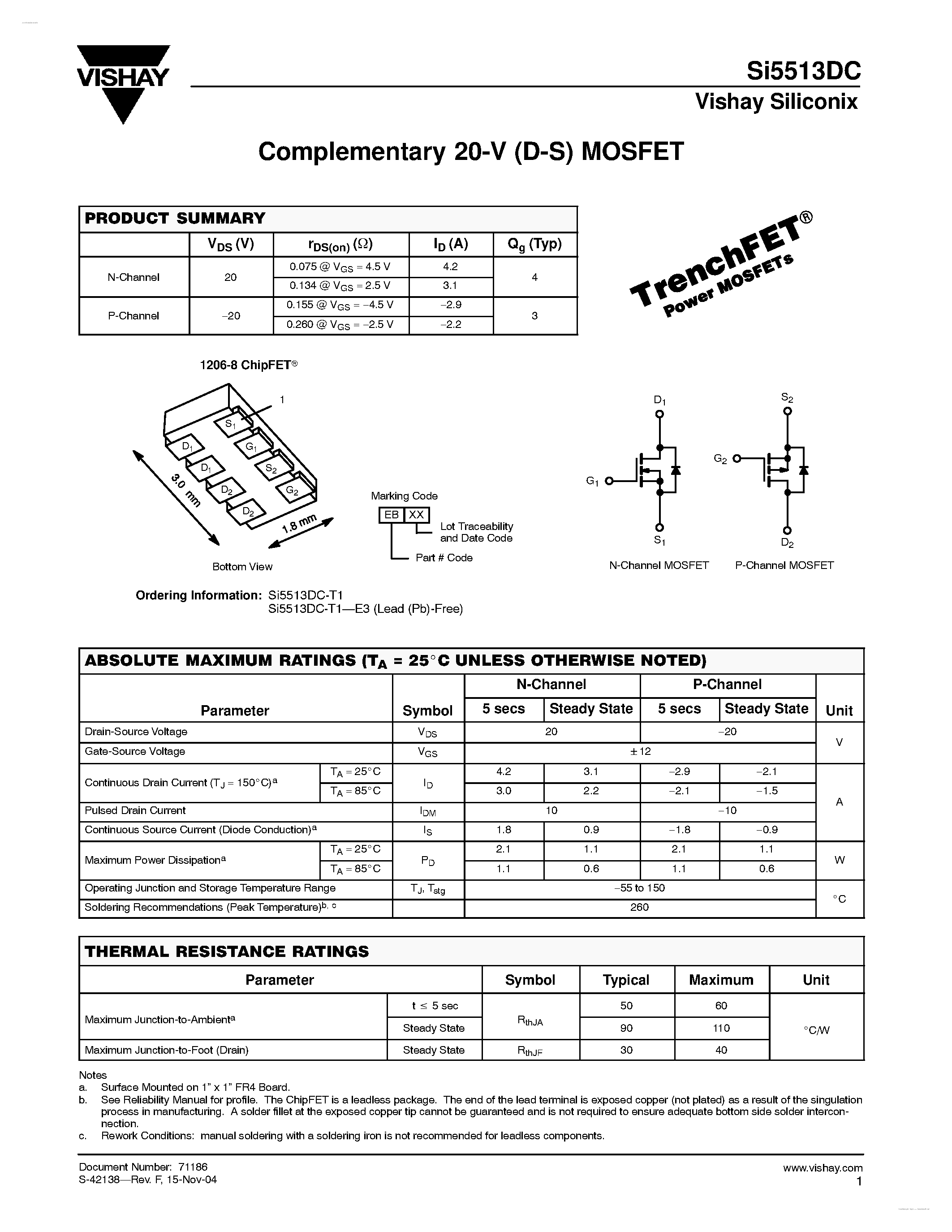 Даташит SI5513DC - Complementary 20-V (D-S) MOSFET страница 1
