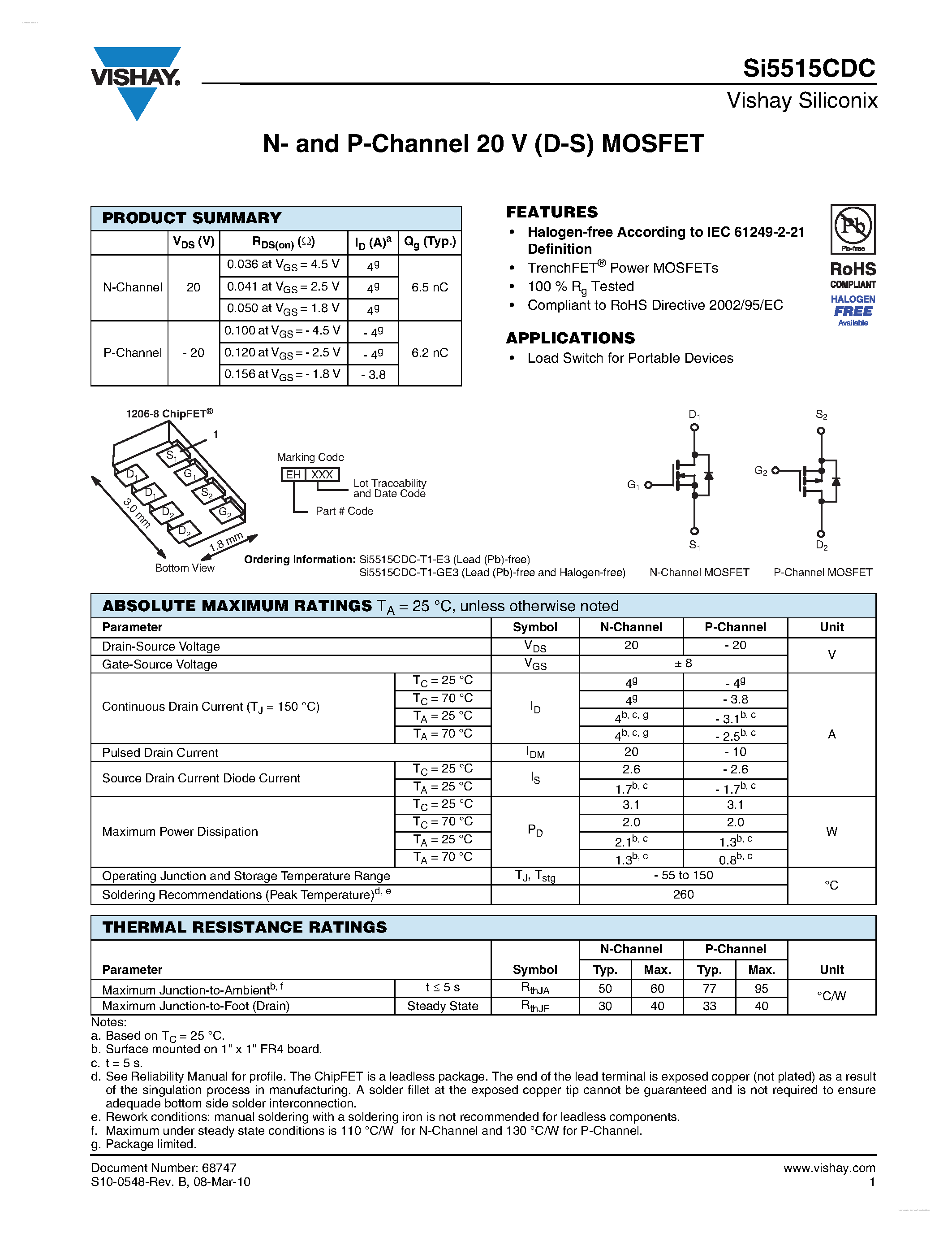 Даташит на микросхему SI5515CDC страница 1 Даташит SI5515CDC - N- and P-Channel 20 V (D-S) MOSFET страница 1