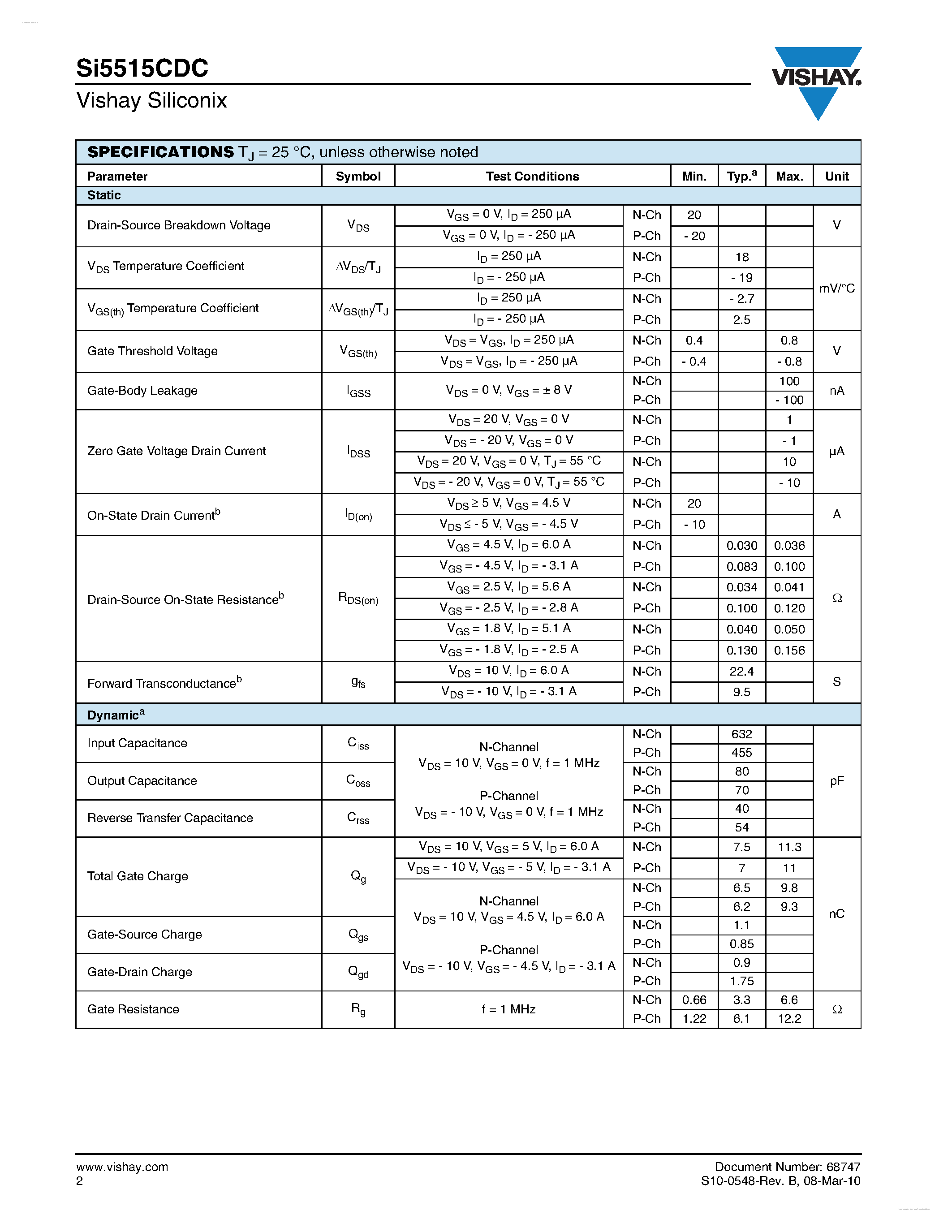 Даташит на микросхему SI5515CDC страница 2 Даташит SI5515CDC - N- and P-Channel 20 V (D-S) MOSFET страница 2