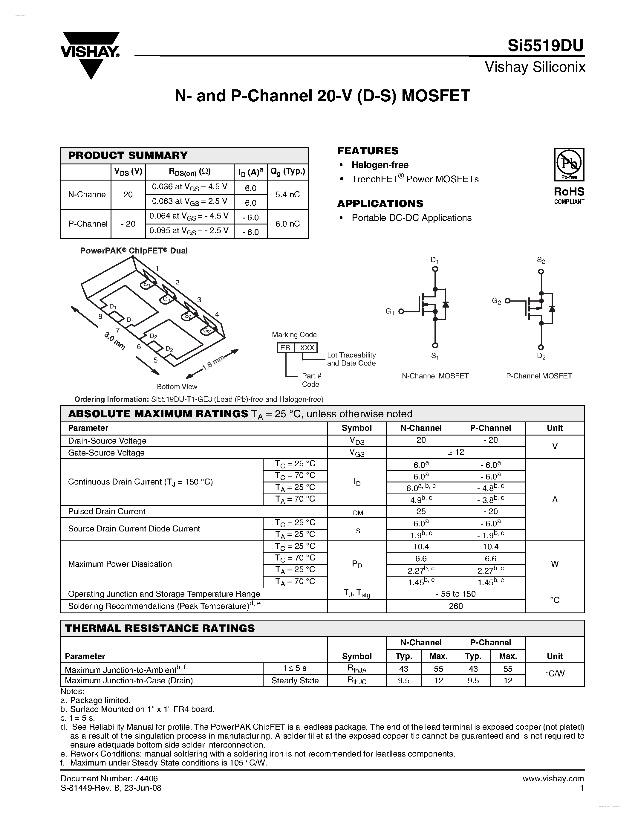 Даташит на микросхему SI5519DU страница 1 Даташит SI5519DU - N- and P-Channel 20-V (D-S) MOSFET страница 1