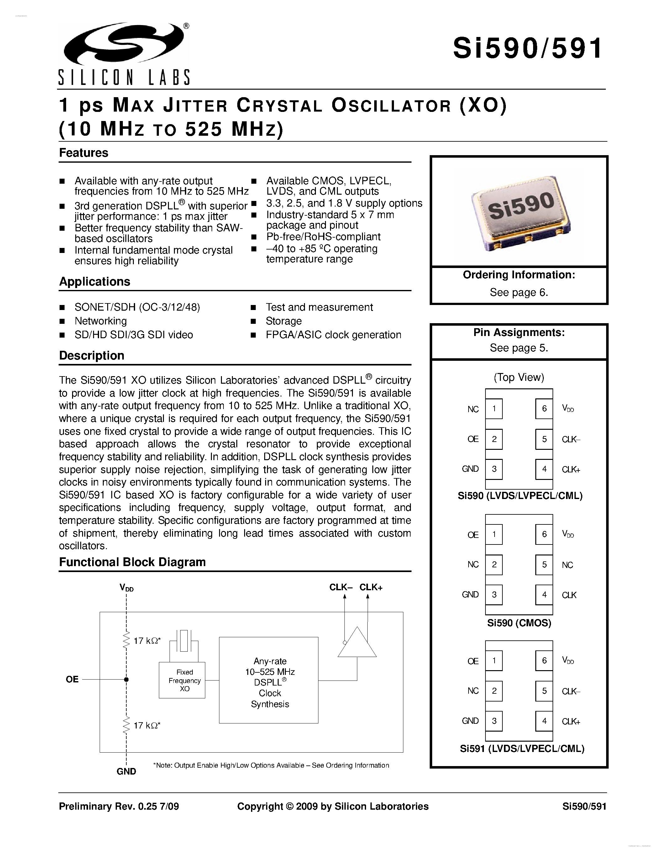 Datasheet SI590 - (SI590 / SI591) 1 ps MAX JITTER CRYSTAL OSCILLATOR page 1