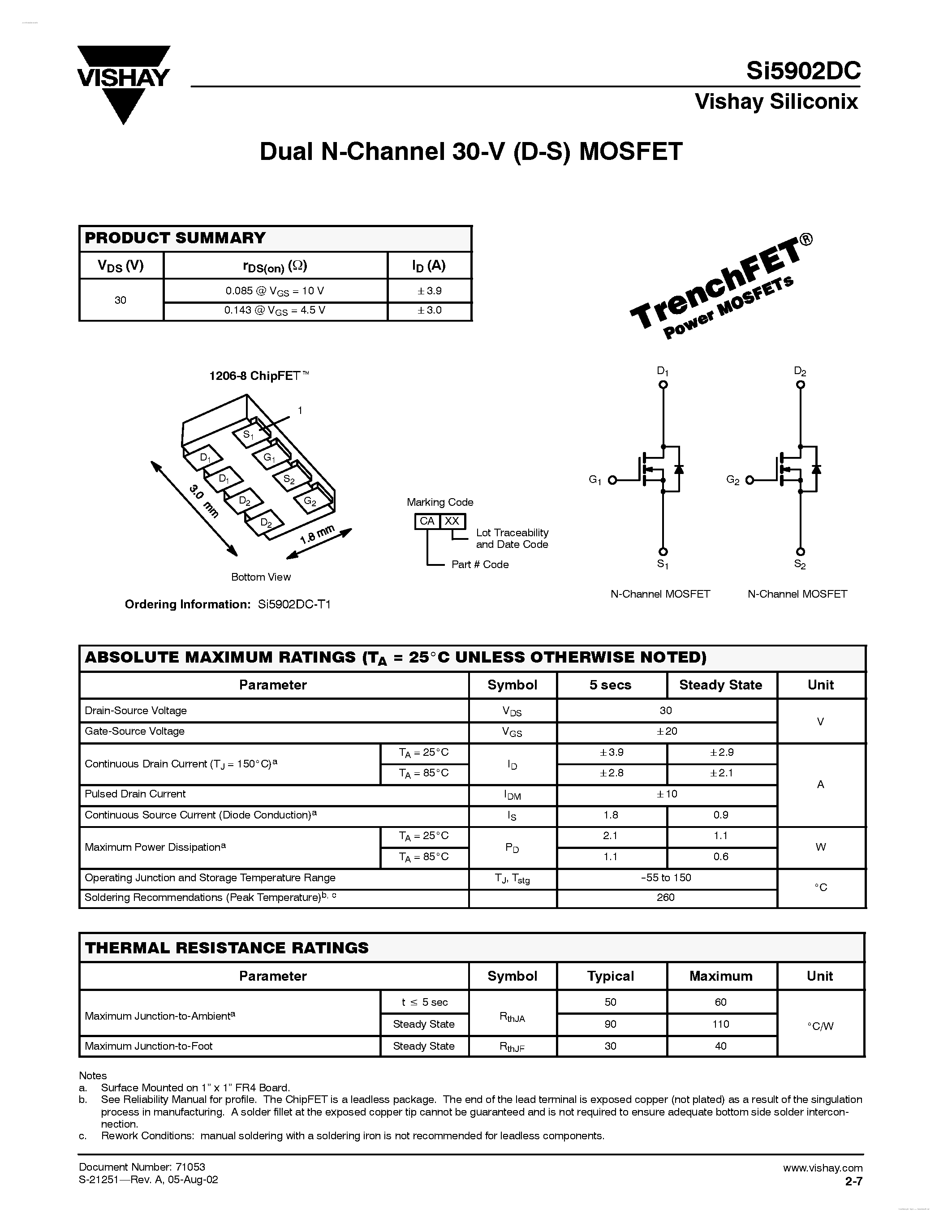 Даташит SI5902DC - Dual N-Channel 30-V (D-S) MOSFET страница 1