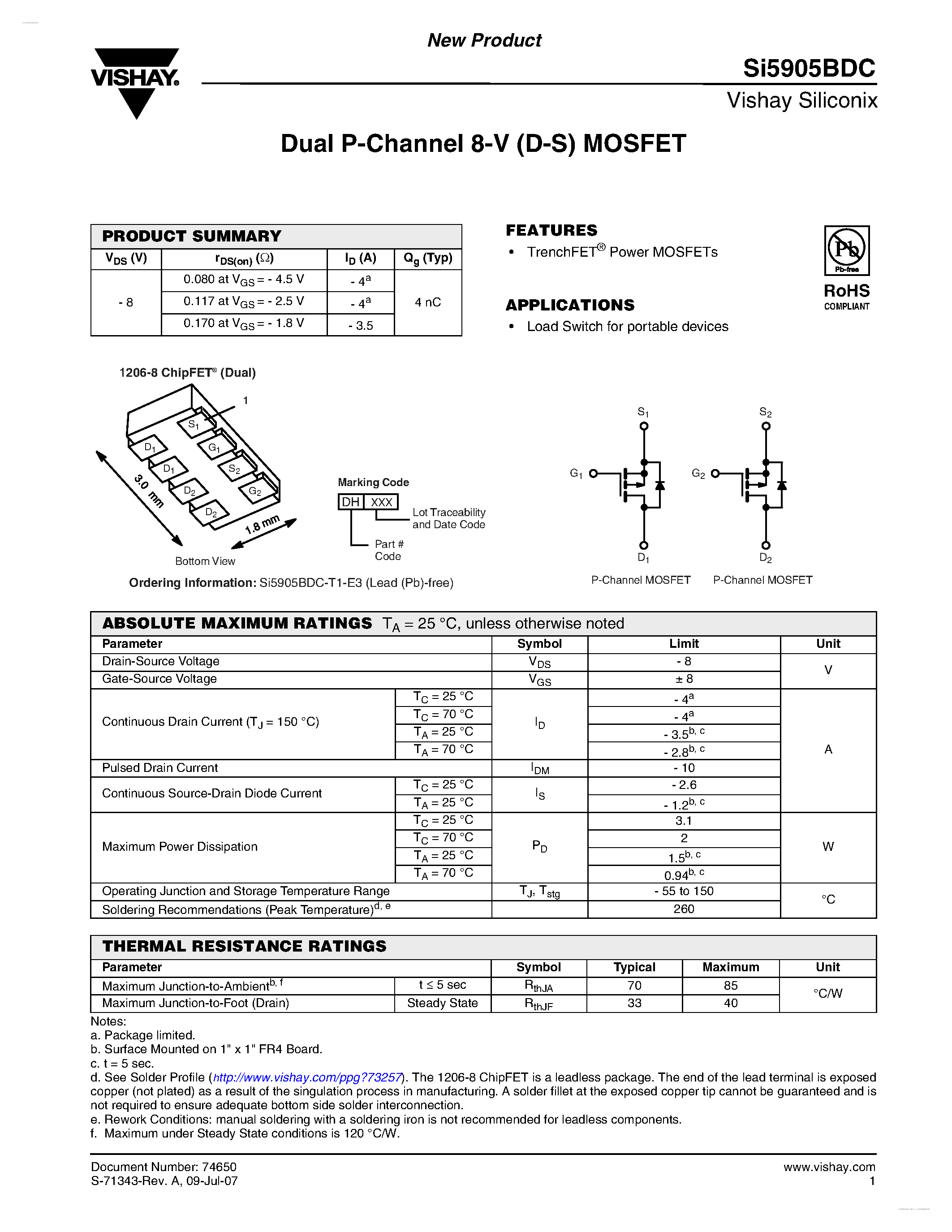 Даташит на микросхему SI5905BDC страница 1 Даташит SI5905BDC - Dual P-Channel 8-V (D-S) MOSFET страница 1