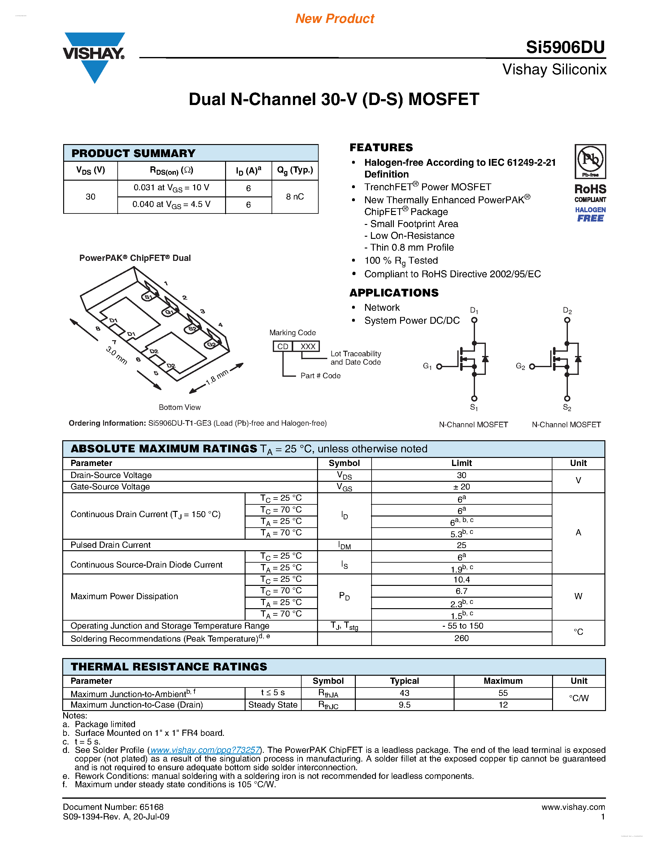 Даташит SI5906DU - Dual N-Channel 30-V (D-S) MOSFET страница 1