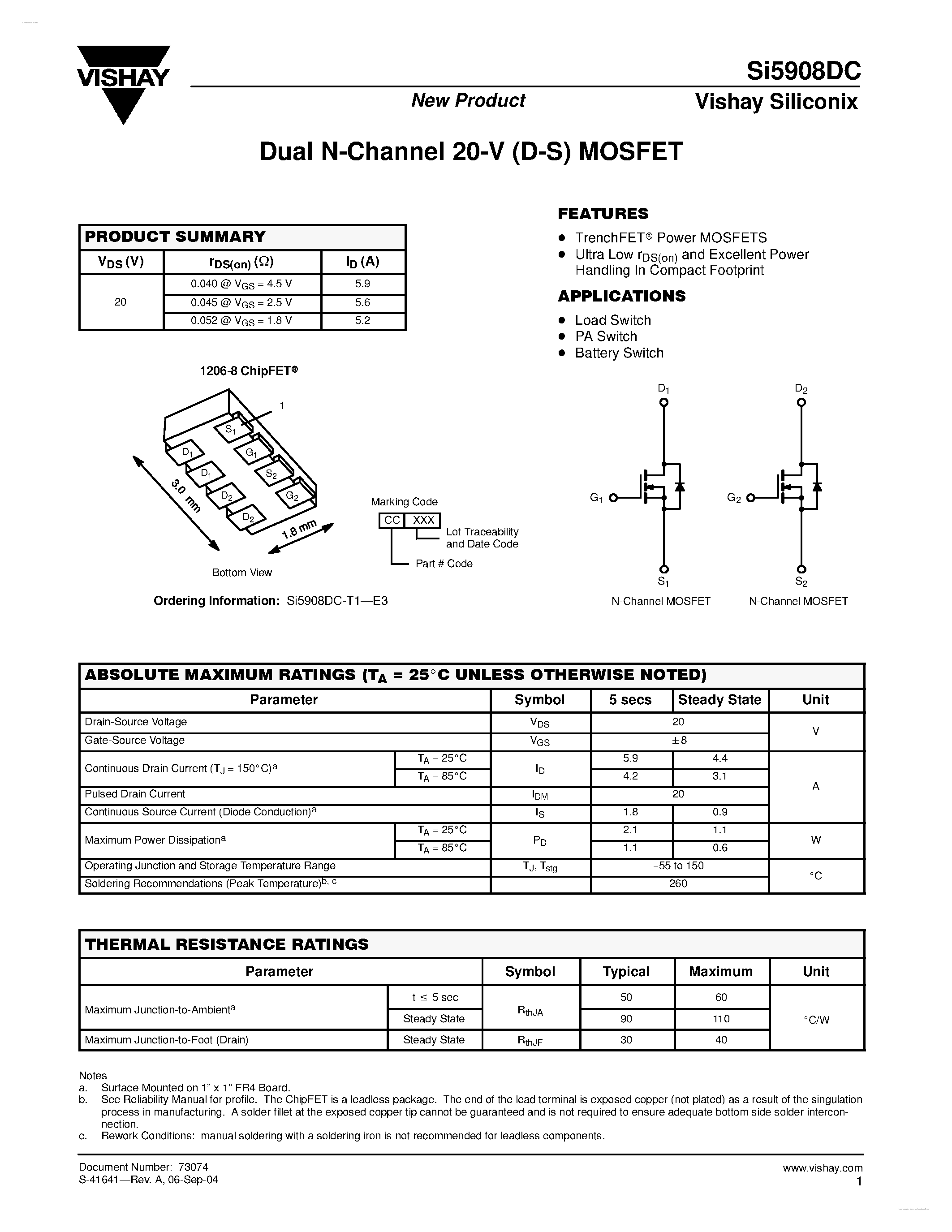 Даташит SI5908DC - Dual N-Channel 20-V (D-S) MOSFET страница 1