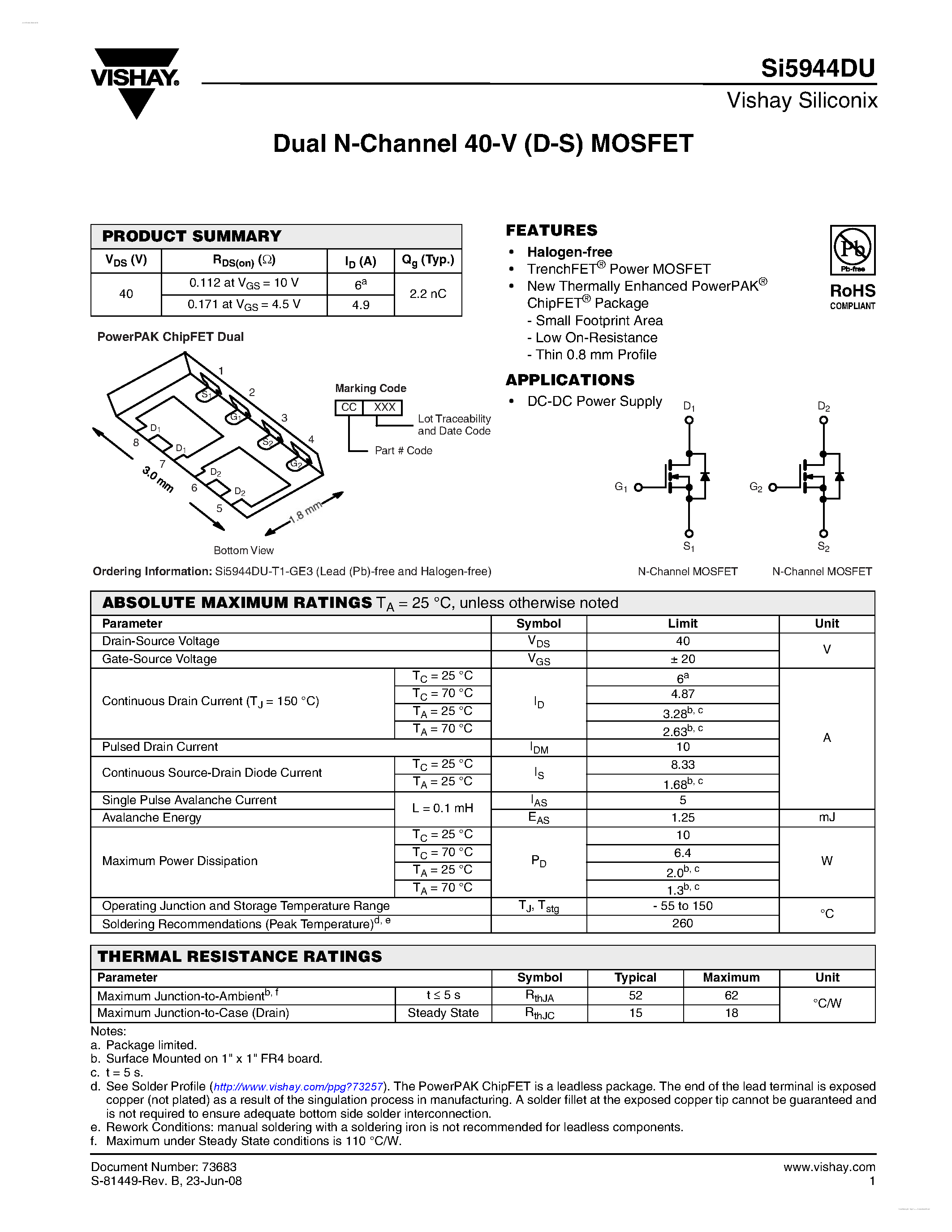 Даташит SI5944DU - Dual N-Channel 40-V (D-S) MOSFET страница 1