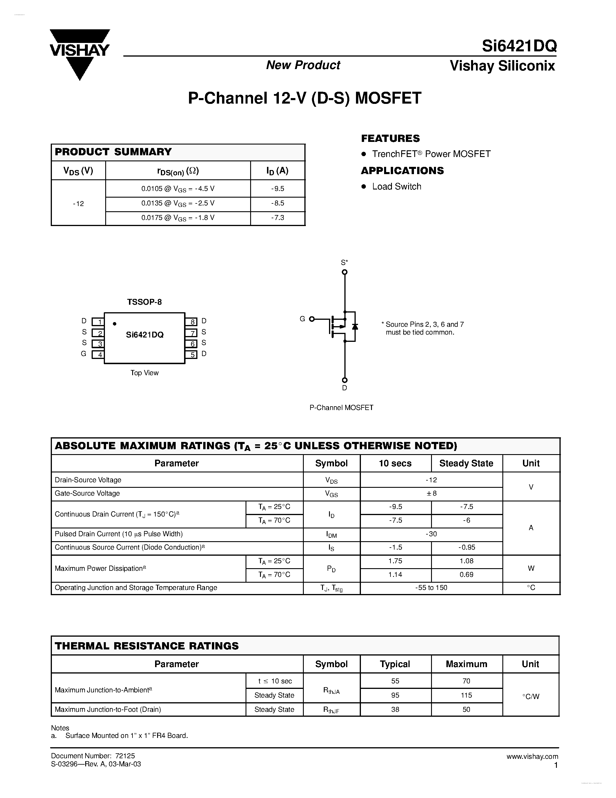Даташит на микросхему SI6421DQ страница 1 Даташит SI6421DQ - P-Channel 12-V (D-S) MOSFET страница 1