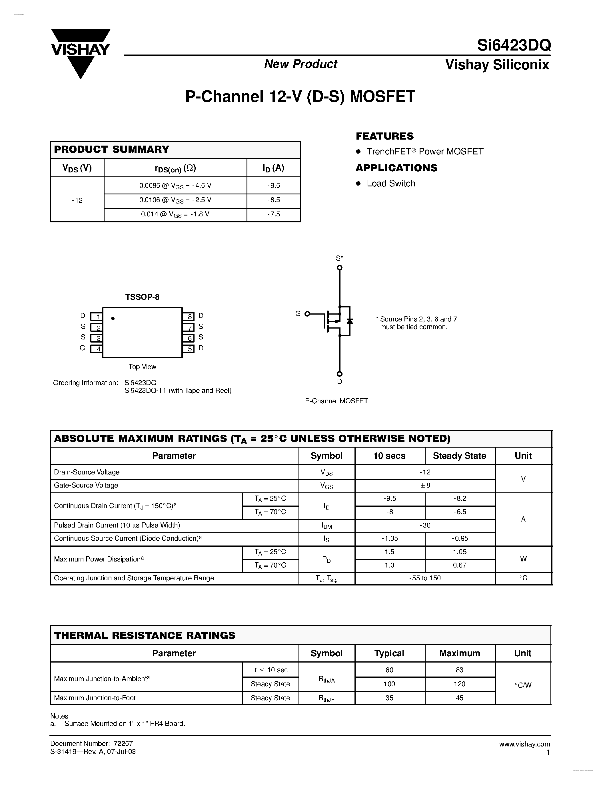 Даташит на микросхему SI6423DQ страница 1 Даташит SI6423DQ - P-Channel 12-V (D-S) MOSFET страница 1