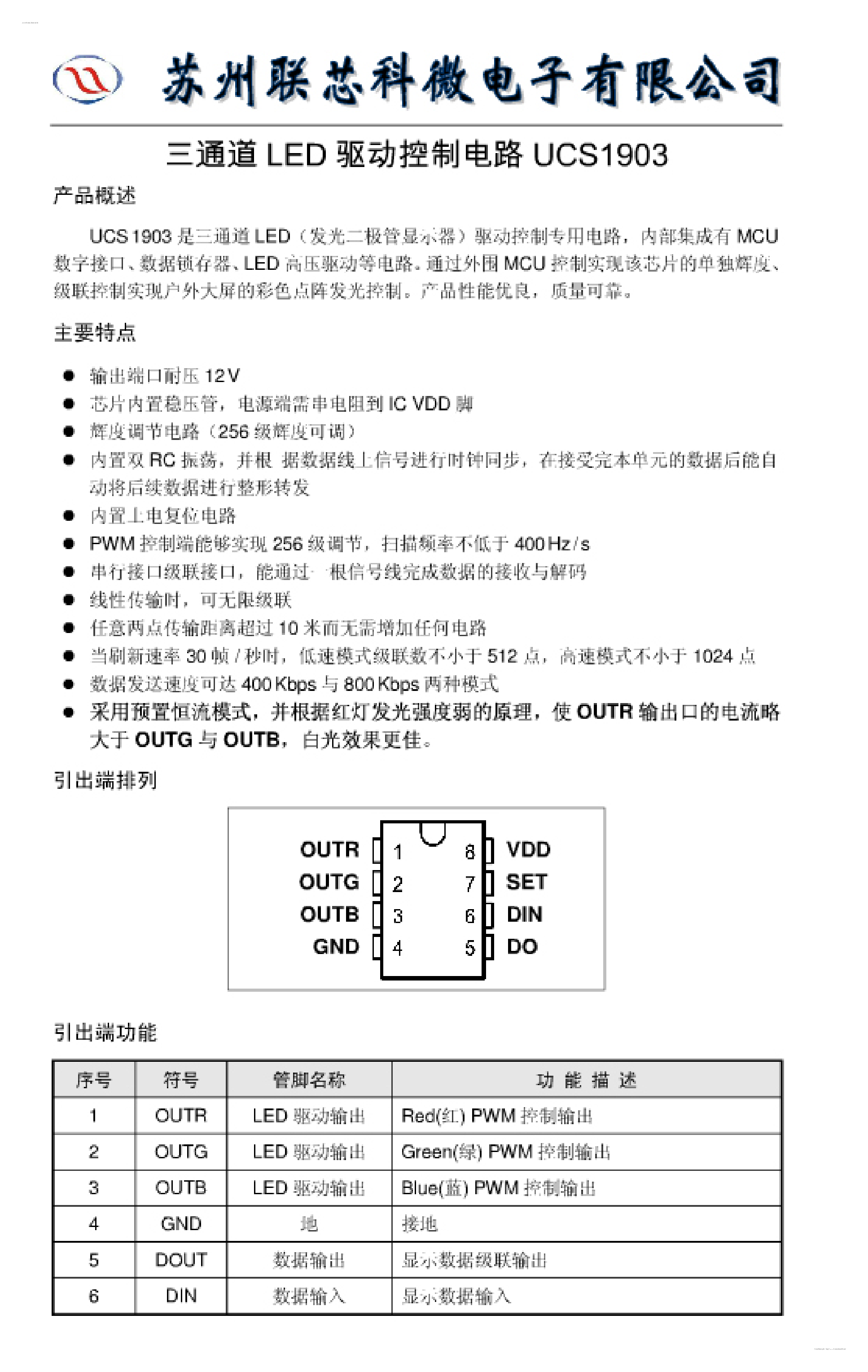 Даташит на микросхему UCS1903 страница 1 Даташит UCS1903 - UCS1903 страница 1