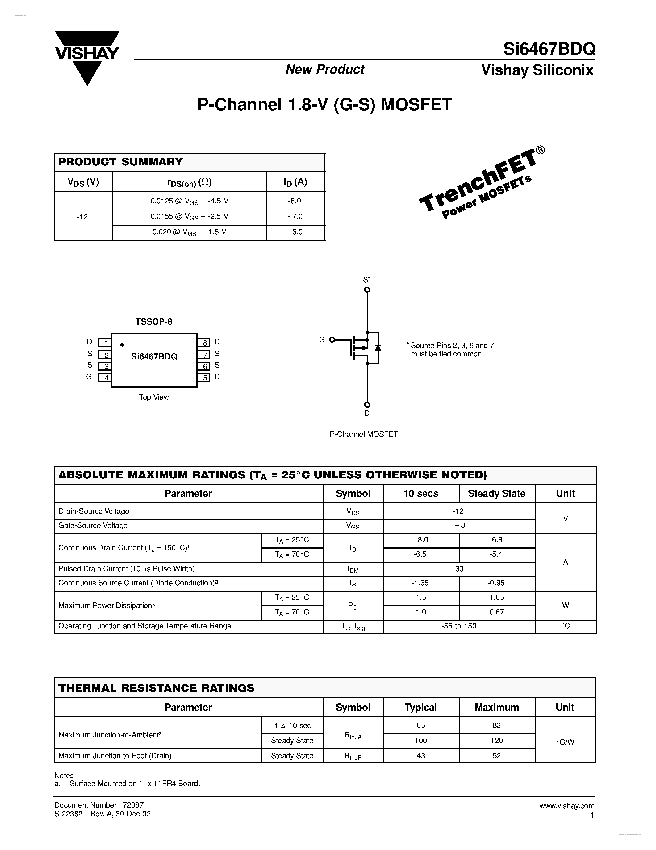 Даташит на микросхему SI6467BDQ страница 1 Даташит SI6467BDQ - P-Channel 1.8-V (G-S) MOSFET страница 1