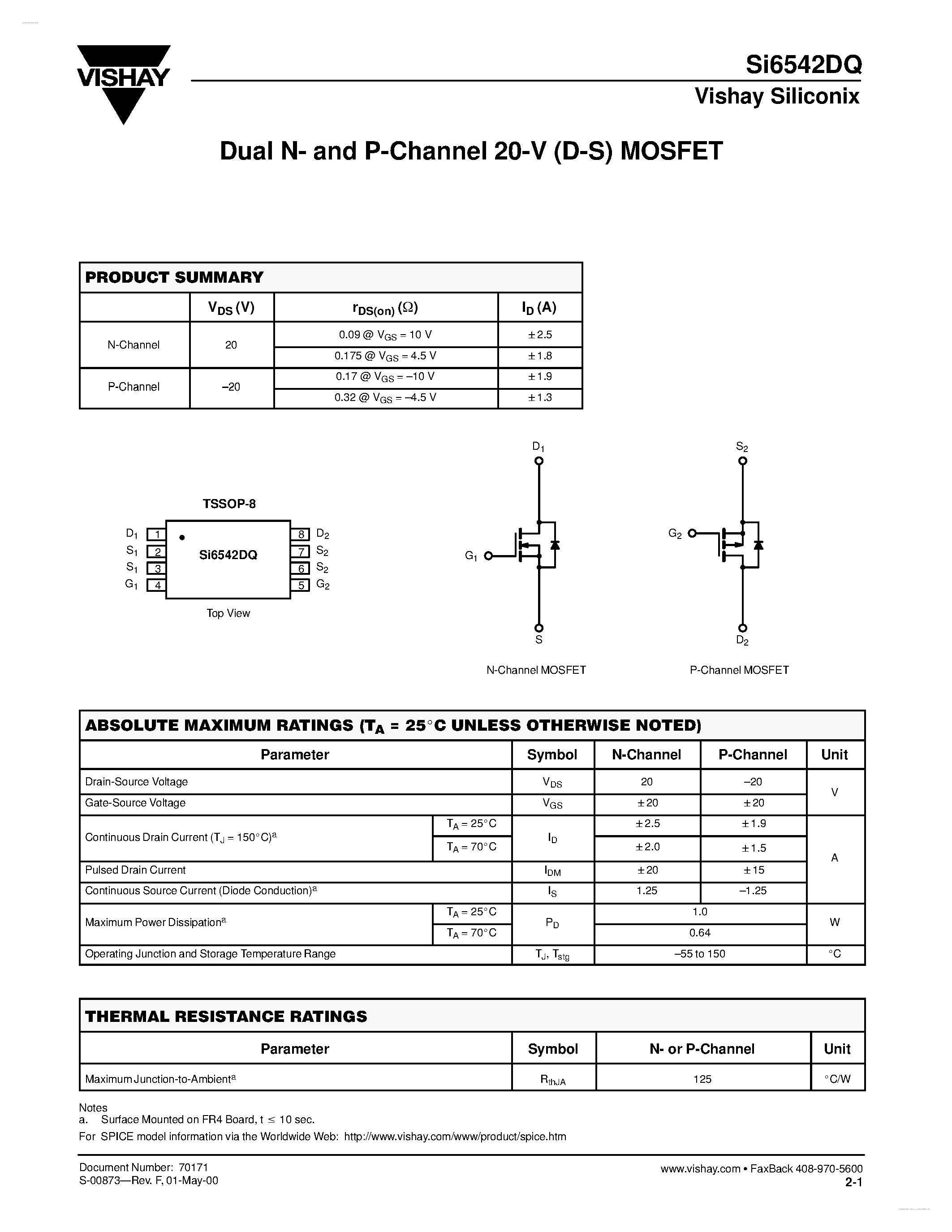 Даташит на микросхему SI6542DQ страница 1 Даташит SI6542DQ - Dual N- and P-Channel 20-V (D-S) MOSFET страница 1