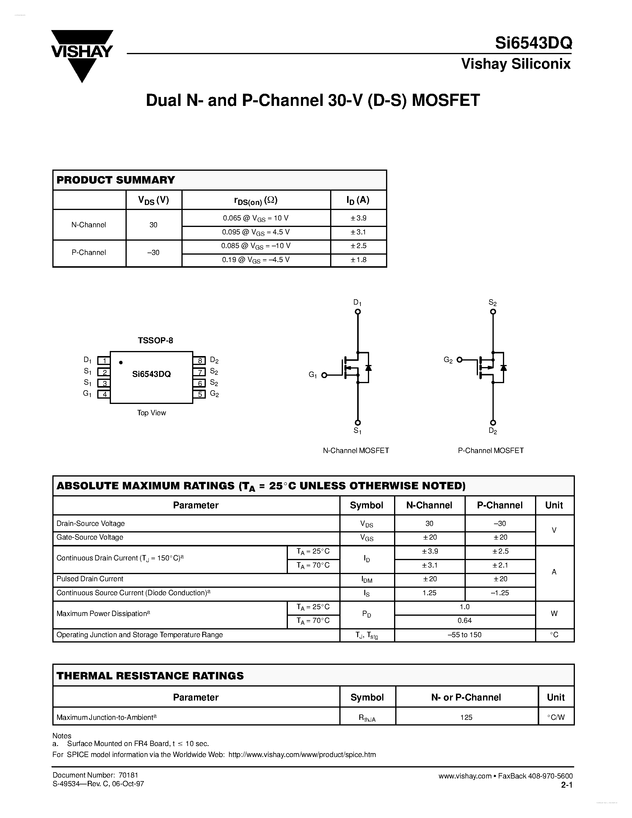 Даташит на микросхему SI6543DQ страница 1 Даташит SI6543DQ - Dual N- and P-Channel 30-V (D-S) MOSFET страница 1