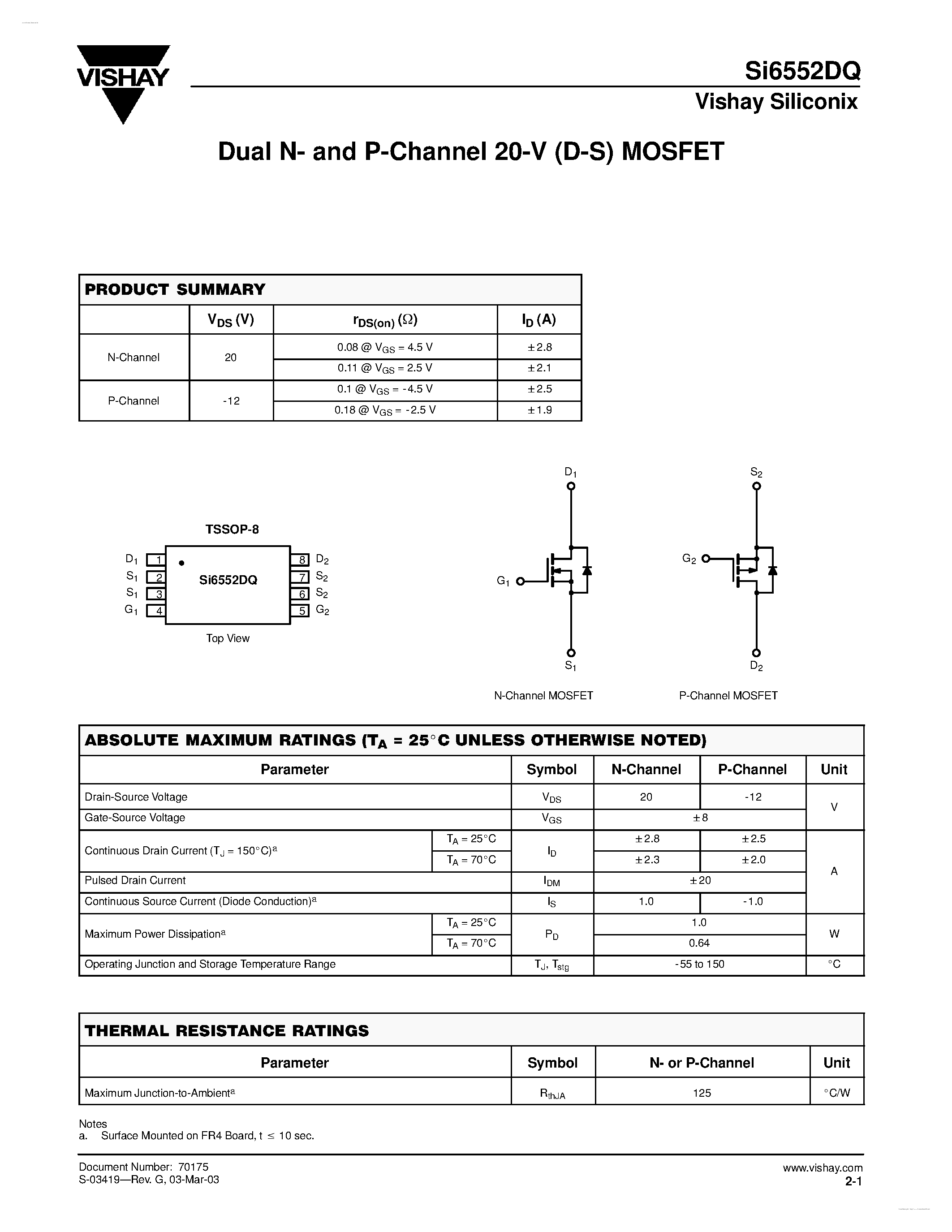 Datasheet SI6552DQ - Dual N- and P-Channel 20-V (D-S) MOSFET page 1