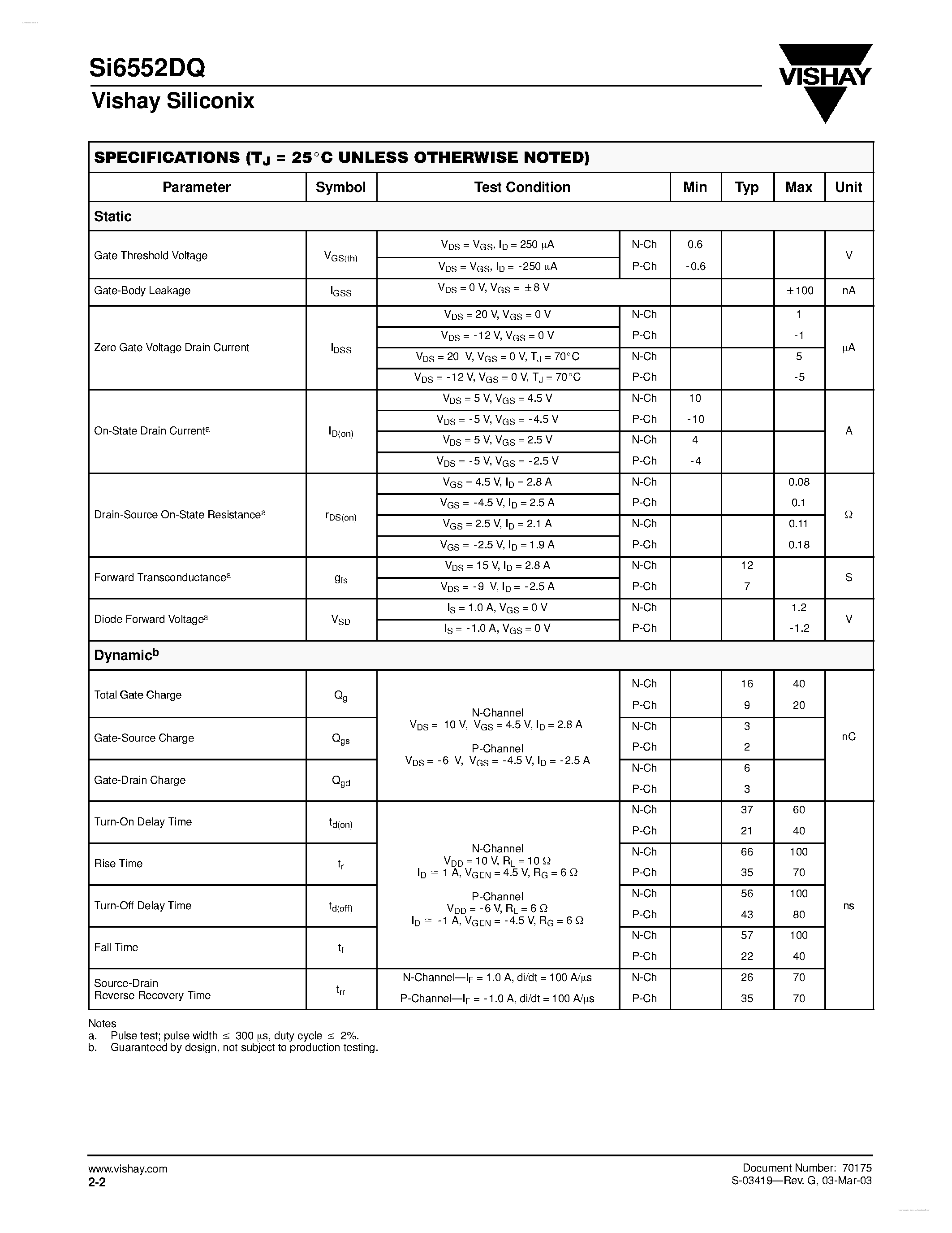 Datasheet SI6552DQ - Dual N- and P-Channel 20-V (D-S) MOSFET page 2