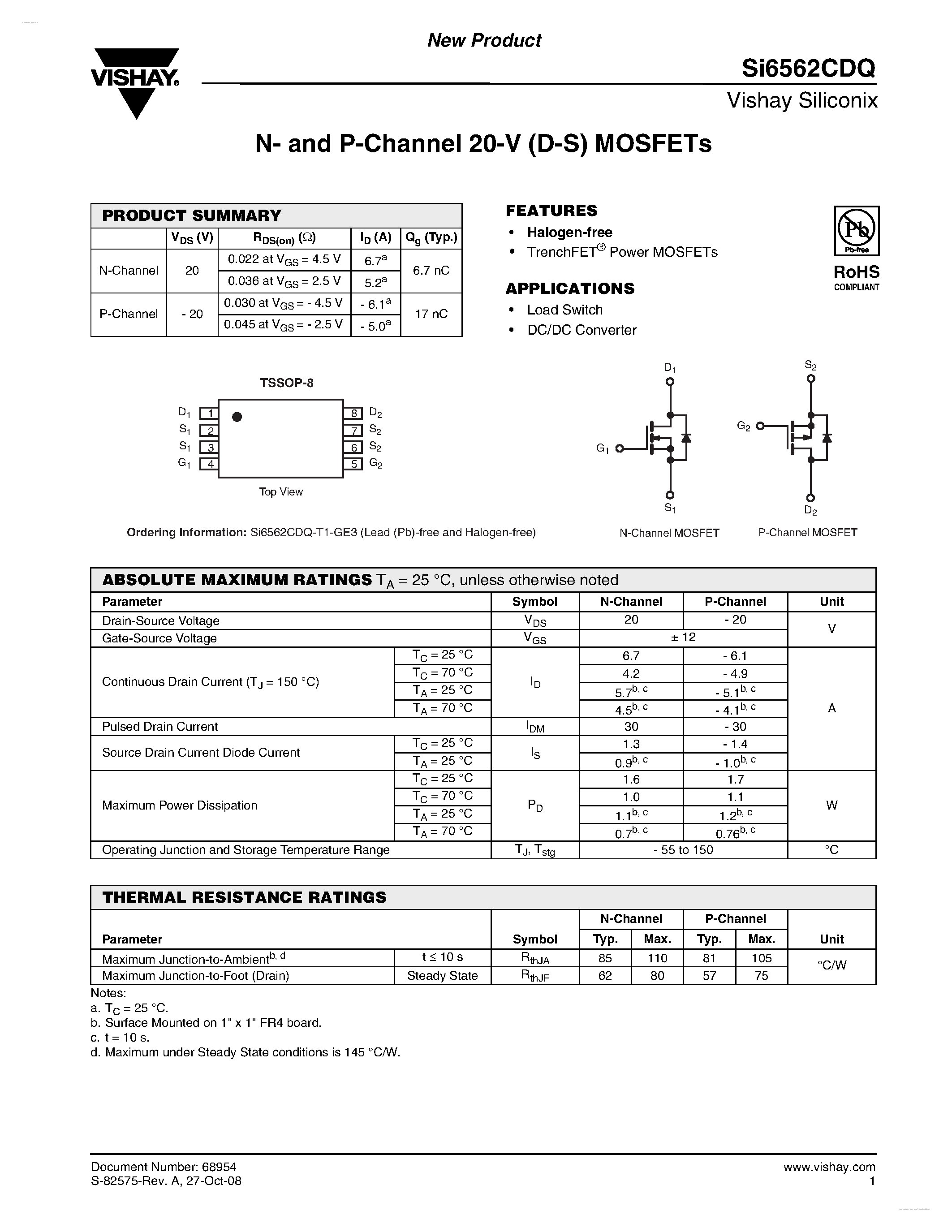 Даташит на микросхему SI6562CDQ страница 1 Даташит SI6562CDQ - N- and P-Channel 20-V (D-S) MOSFETs страница 1