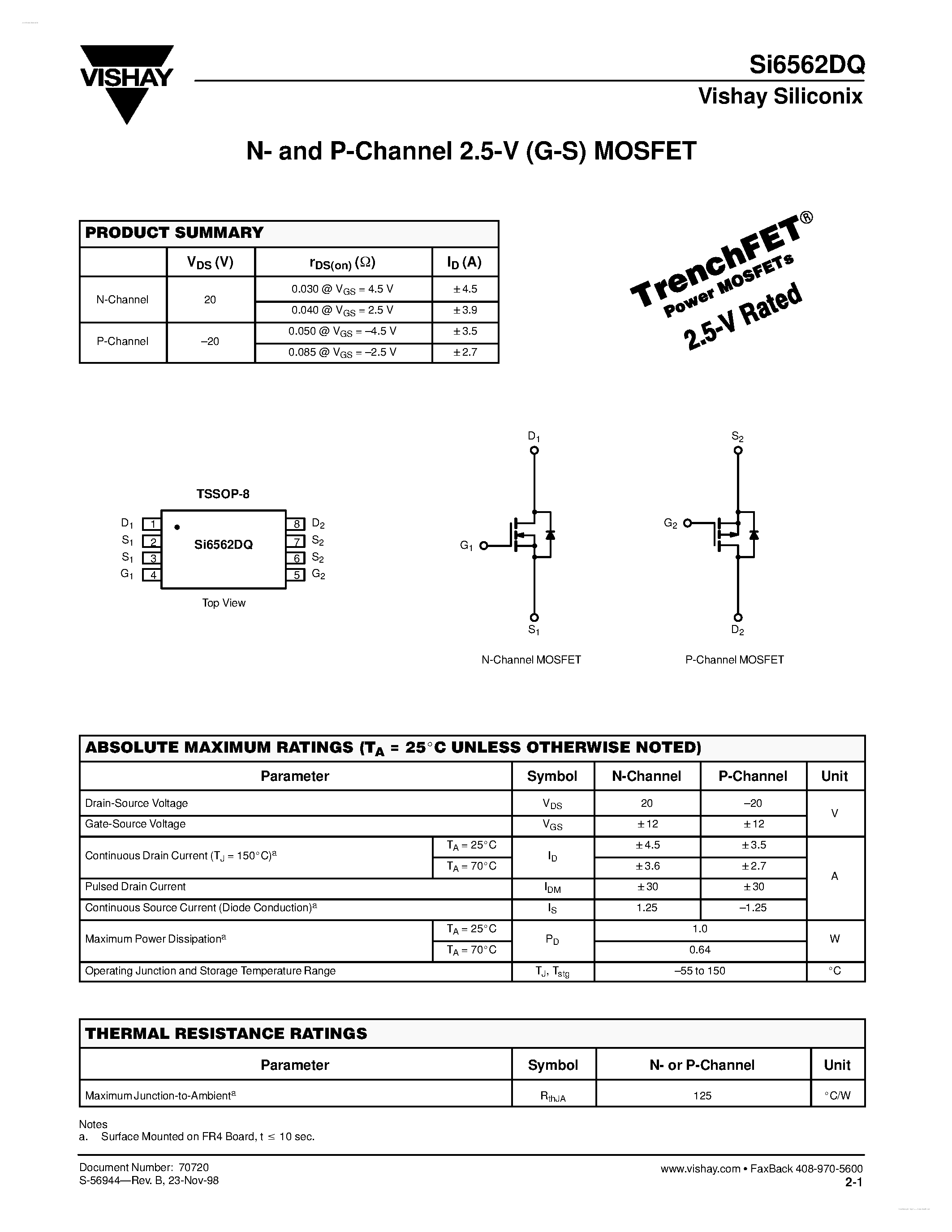 Даташит на микросхему SI6562DQ страница 1 Даташит SI6562DQ - N- and P-Channel 2.5-V (G-S) MOSFET страница 1